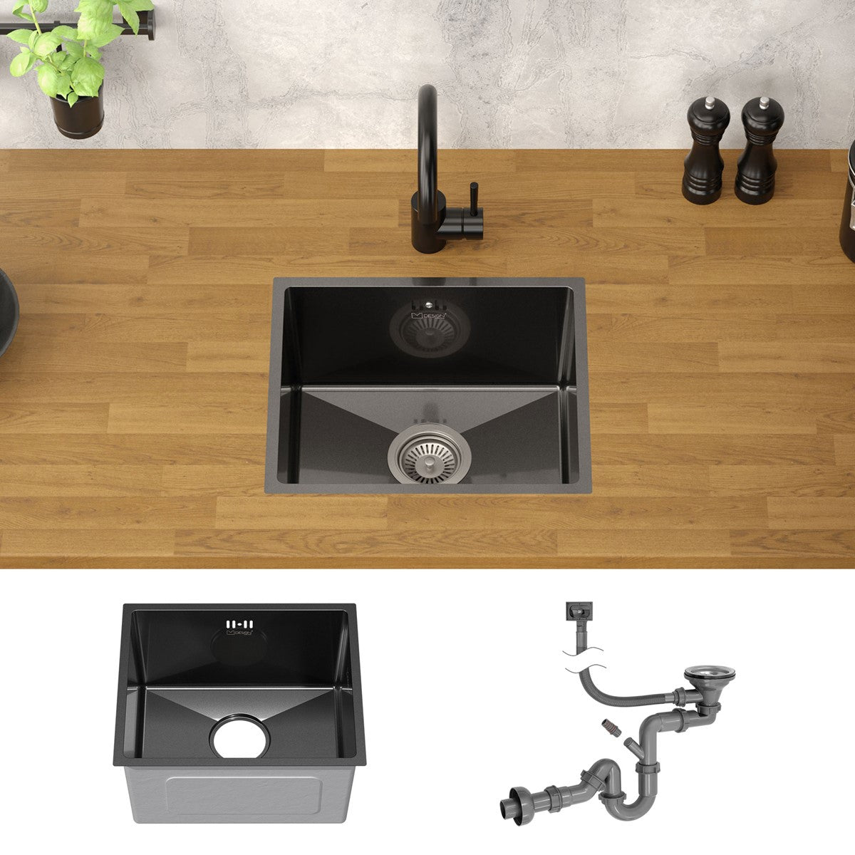 ECD Germany Sanitär évier inox 34x40 cm anthracite 1 bac