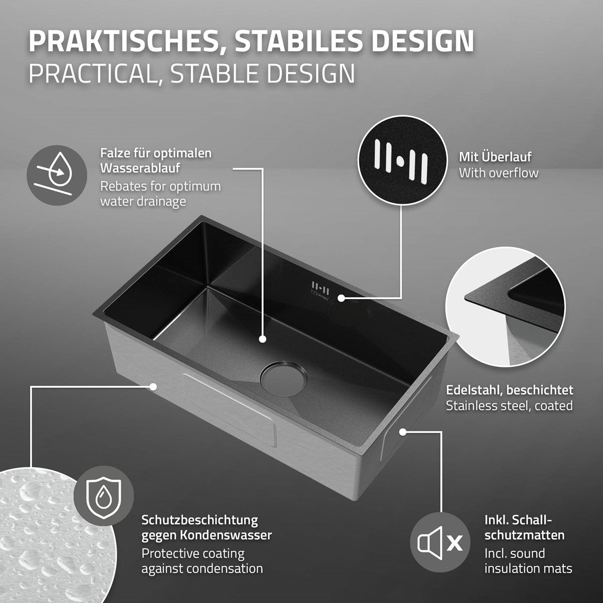 ECD Germany Sanitär évier encastrable 70x40 cm anthracite inox