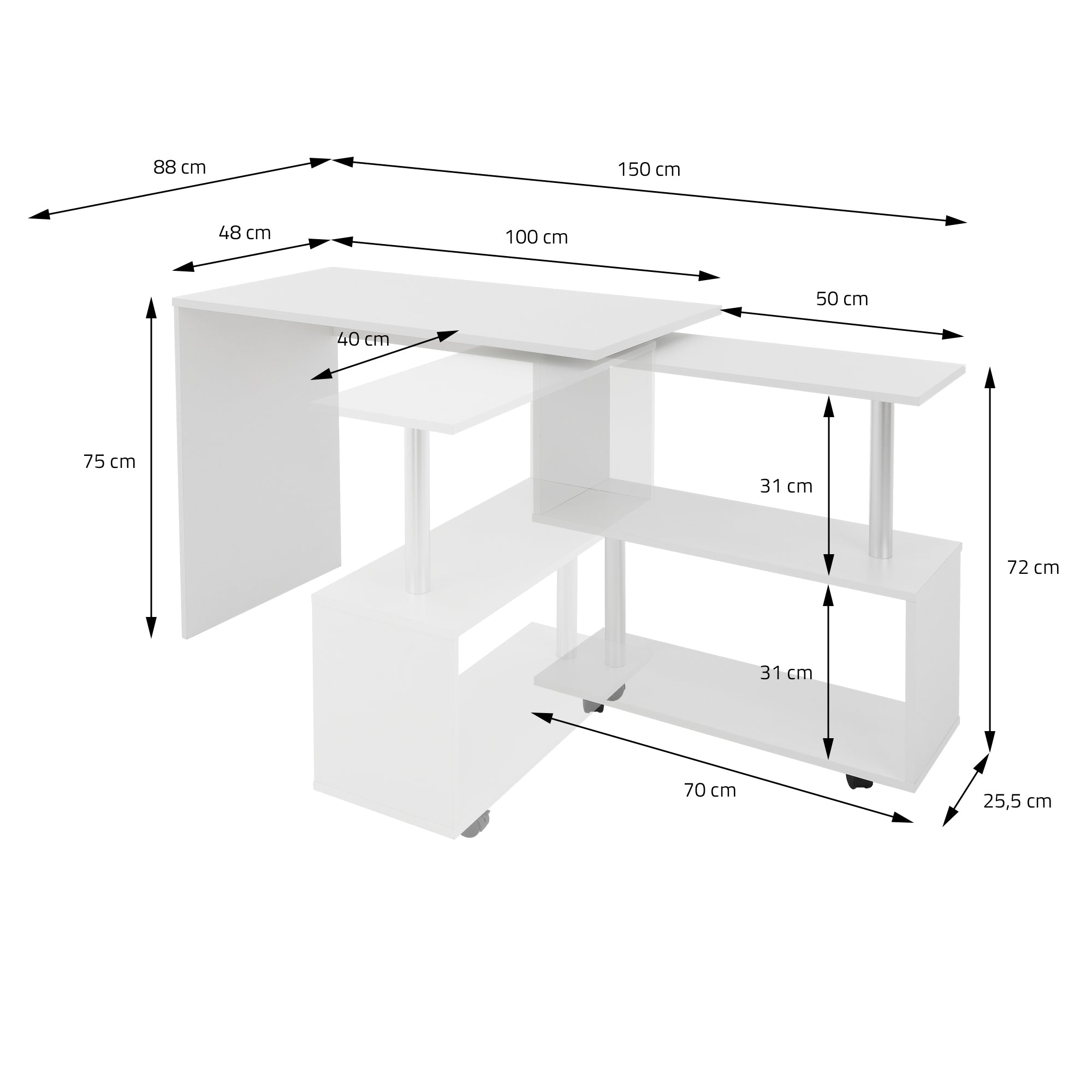 ECD Germany Möbel bureau d’angle pivotant blanc 150 cm