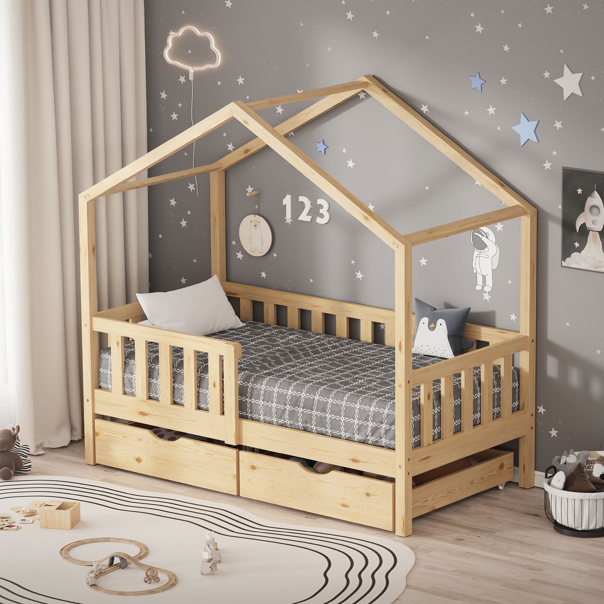ECD Germany ML-Design lit cabane 70x140 naturel 2 tiroirs