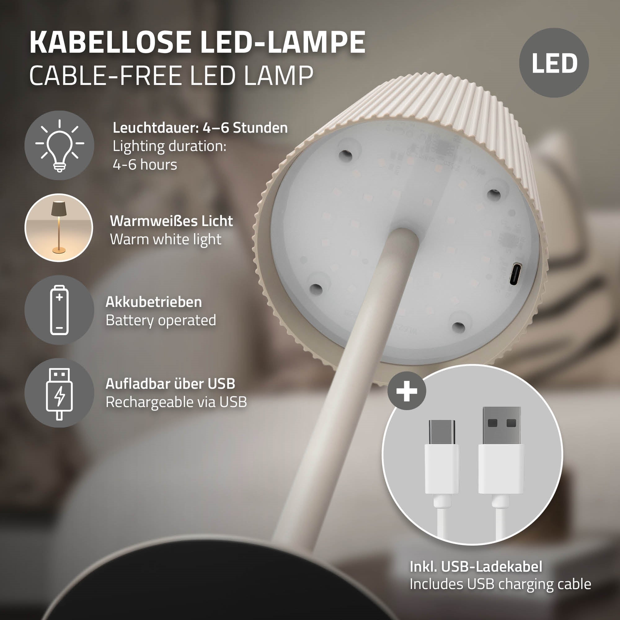 ECD Germany ML-Design lampe table LED sans fil crème Ø10x36