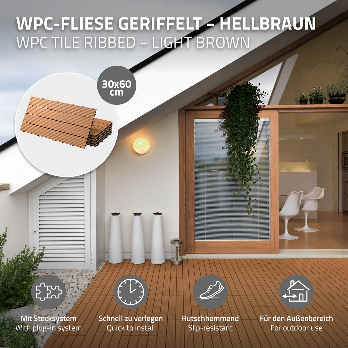 ECD Germany dalles terrasse WPC 60x30 marron clair lot 1m²