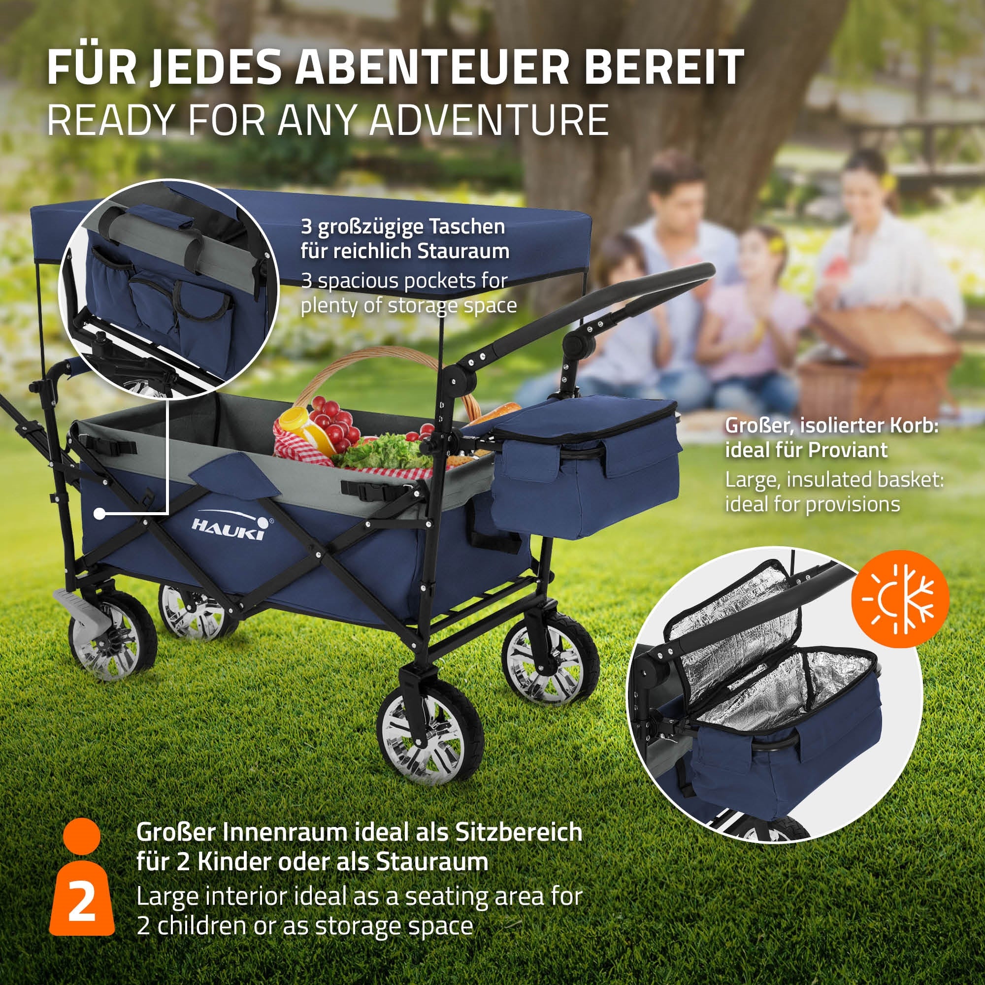 Hauki chariot pliable avec toit bleu/gris 120 kg + sac