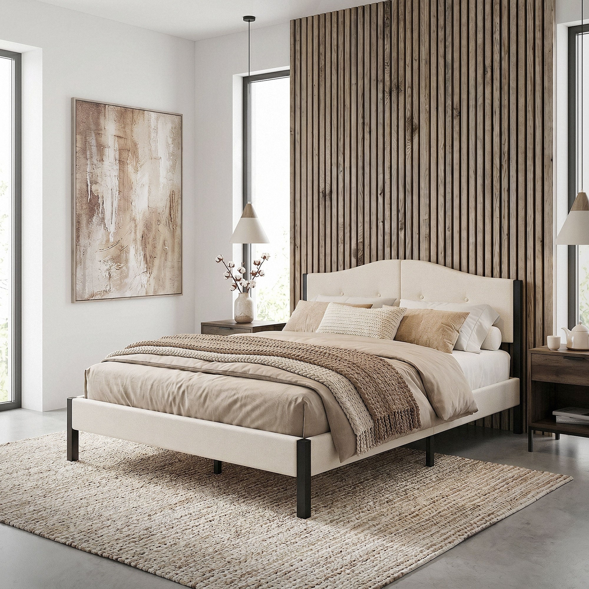 ECD Germany Möbel lit double 140x200 beige tissu capitonné