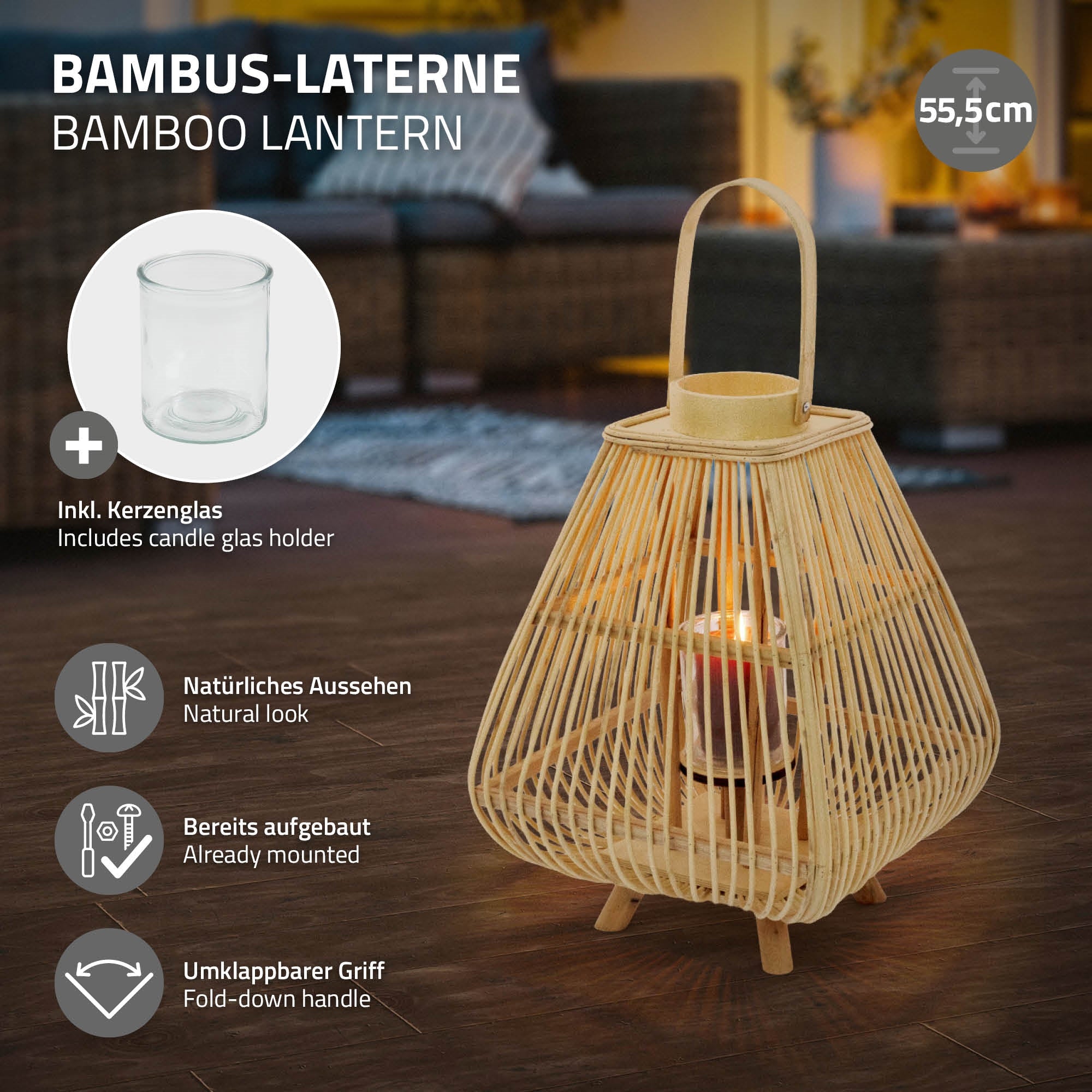 ECD Germany Garten lanterne bambou 55,5 cm avec verre