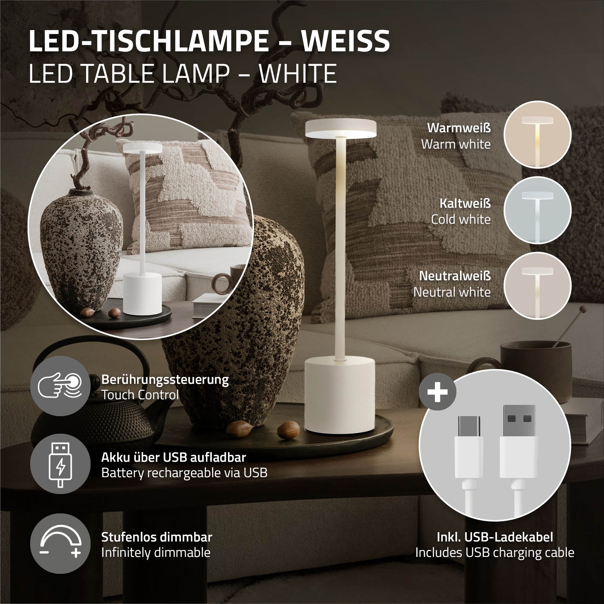 ECD Germany Haus & Wohnen Lampe LED blanche tactile USB-C