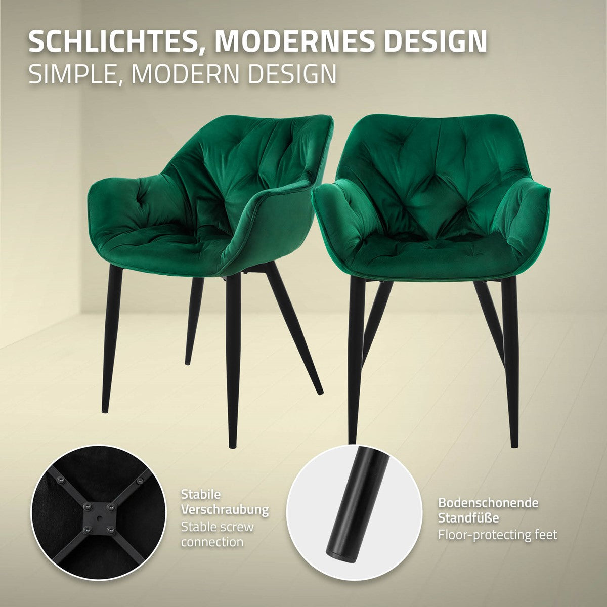 ECD Germany Möbel Chaise Salle à Manger Vert Foncé Lot 2 Velours