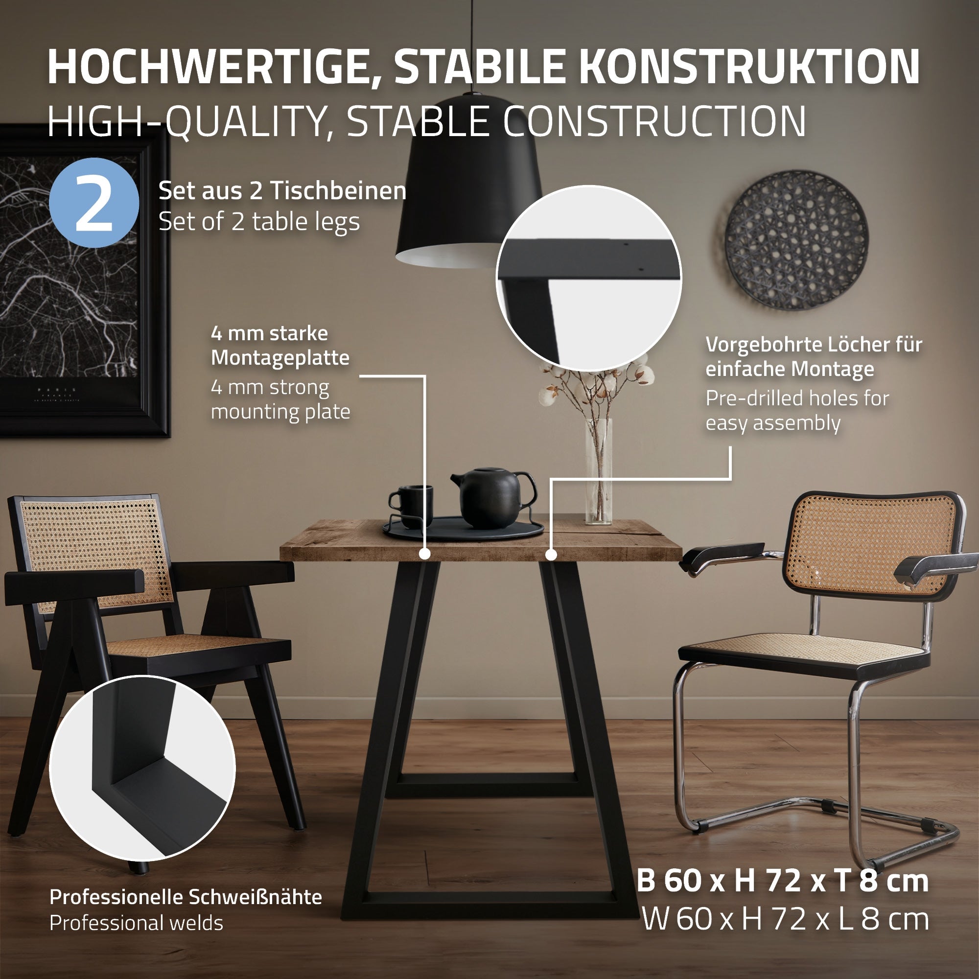 ECD Germany Möbel Pieds trapèze 60x72cm noirs acier lot 2