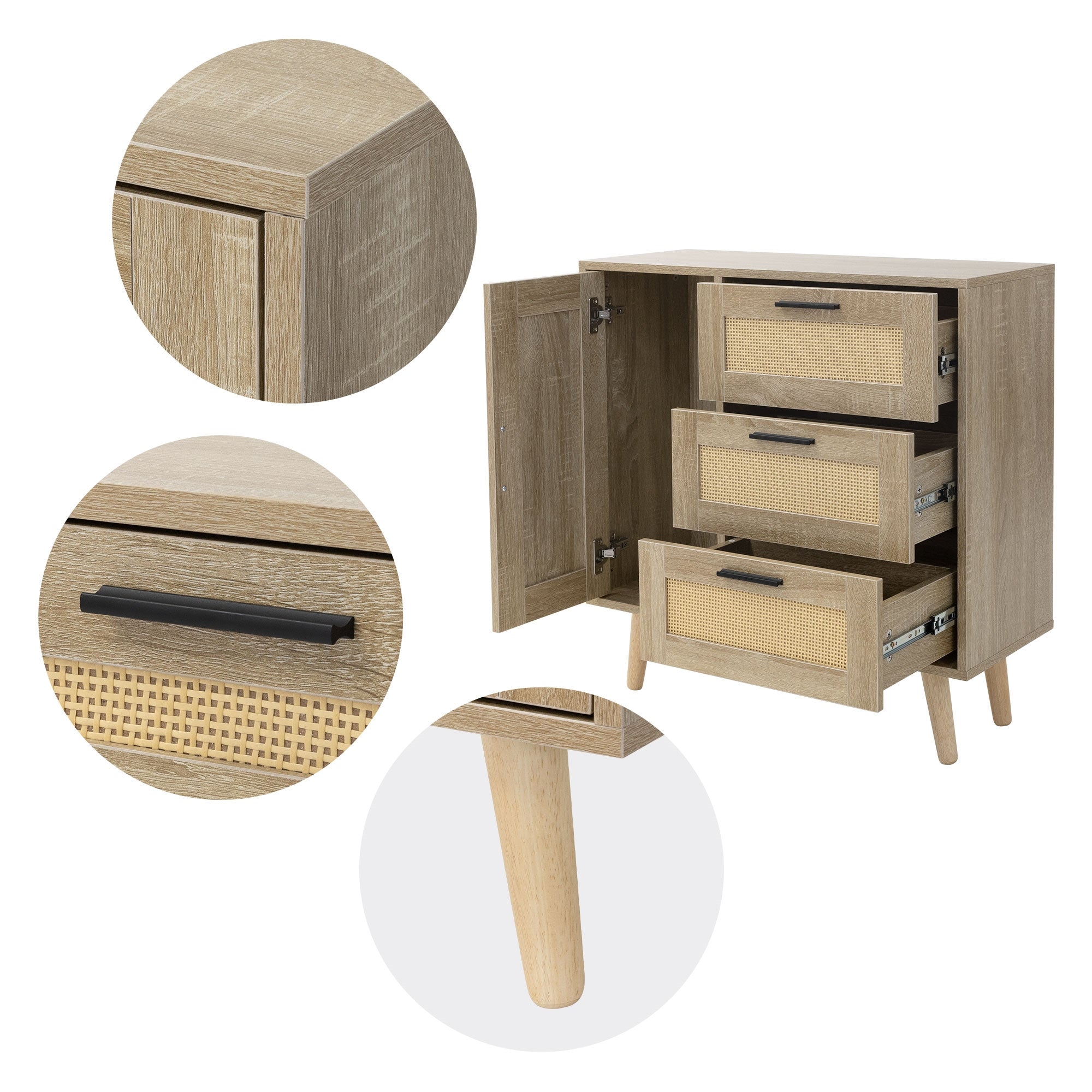 ECD Germany Möbel commode chêne rotin 74x76x30 3 tiroirs