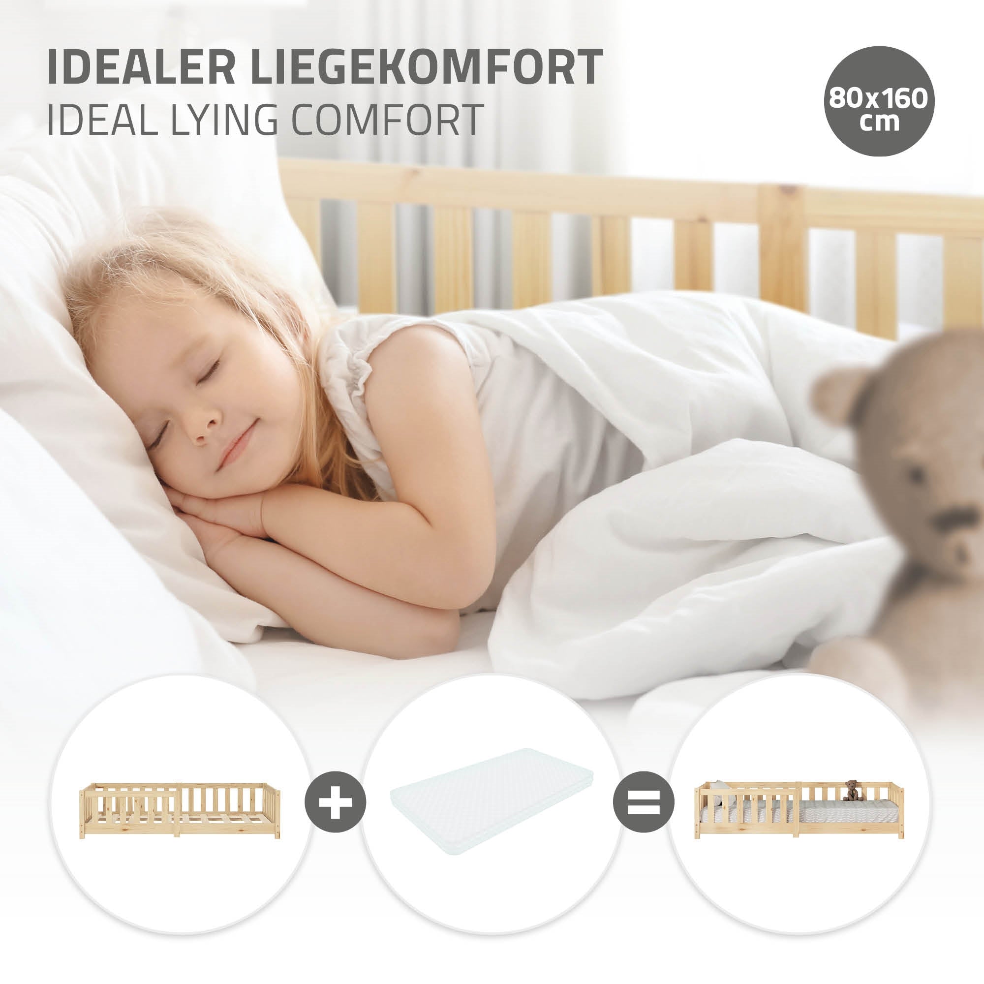 ECD Germany Kinder lit enfant 80x160 pin naturel sans matelas