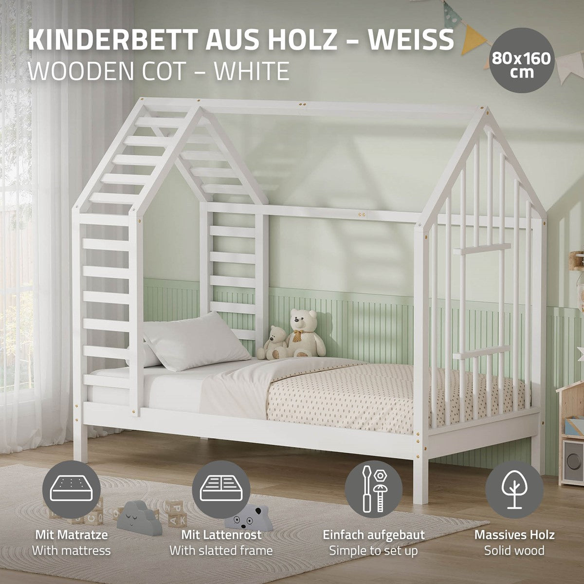 ECD Germany Kinder lit cabane 80x160 blanc avec matelas pin