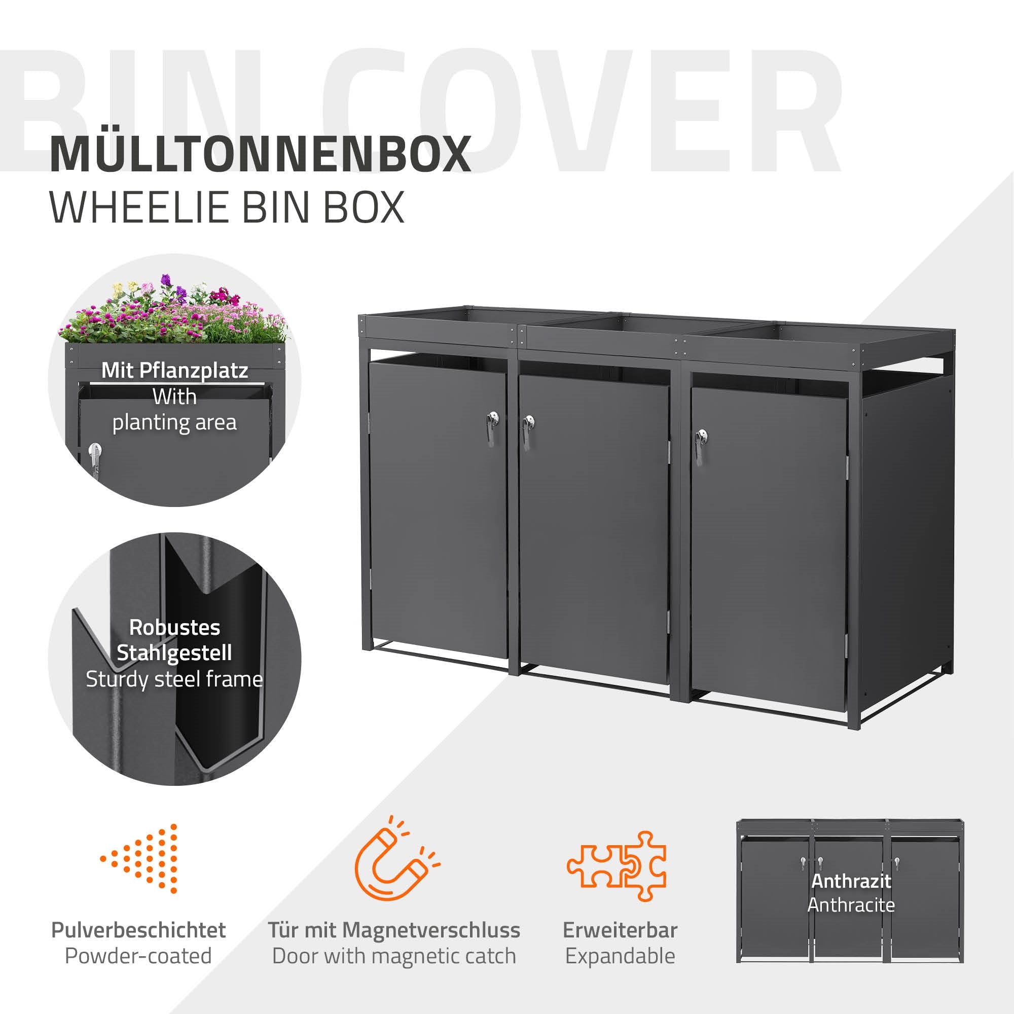 ECD Germany Garten cache poubelle 3x240L anthracite toit plantes