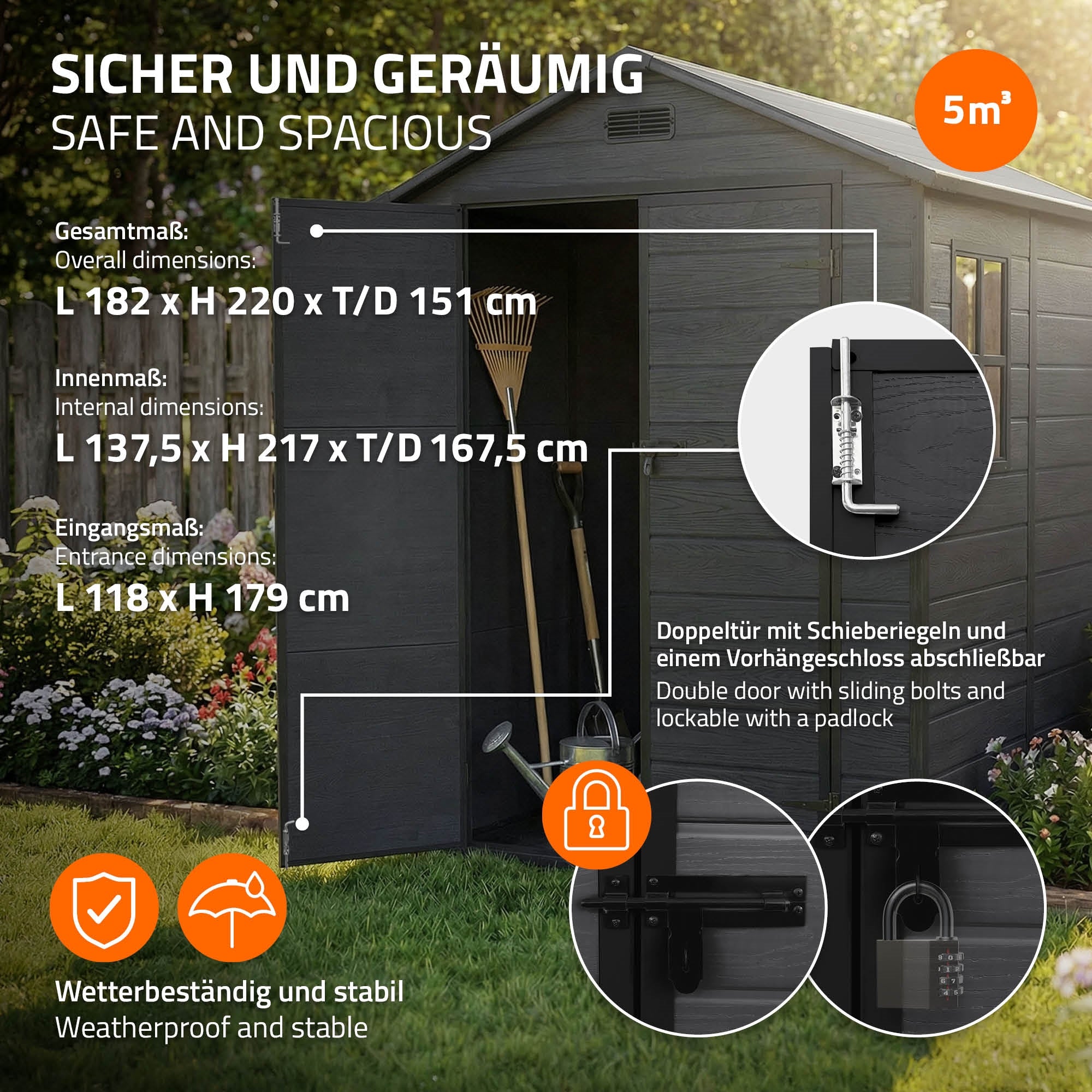 ECD Germany Garten abri jardin plastique 5m³ gris foncé double porte