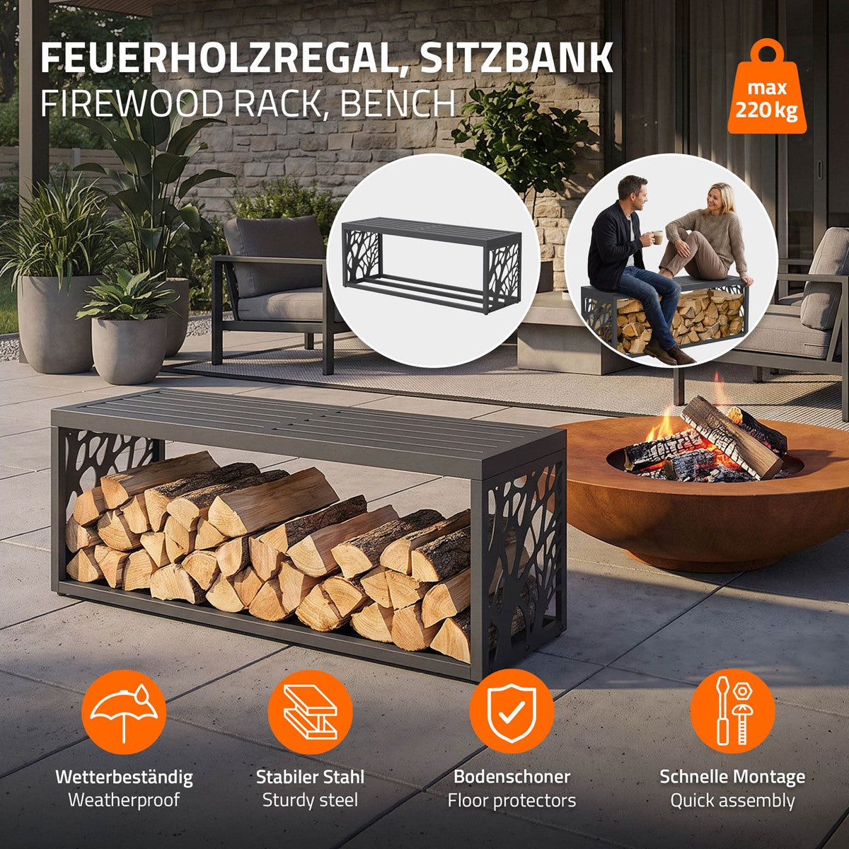 ECD Germany Range-Bûches Banc Acier Anthracite 120x38x43 cm