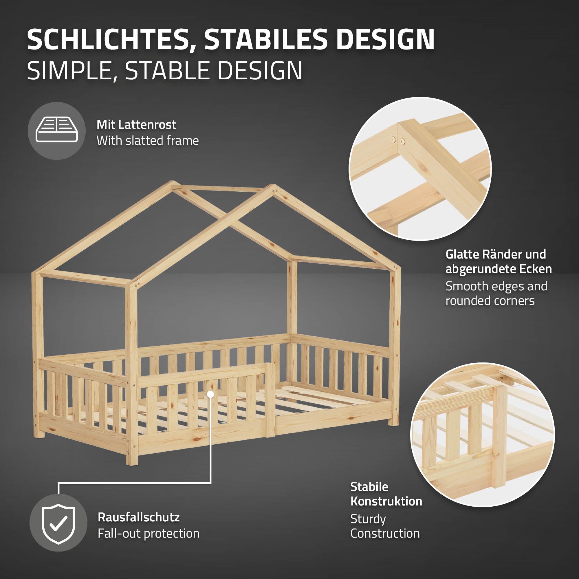 ECD Germany Kinder lit cabane 80x160 nature pin sommier