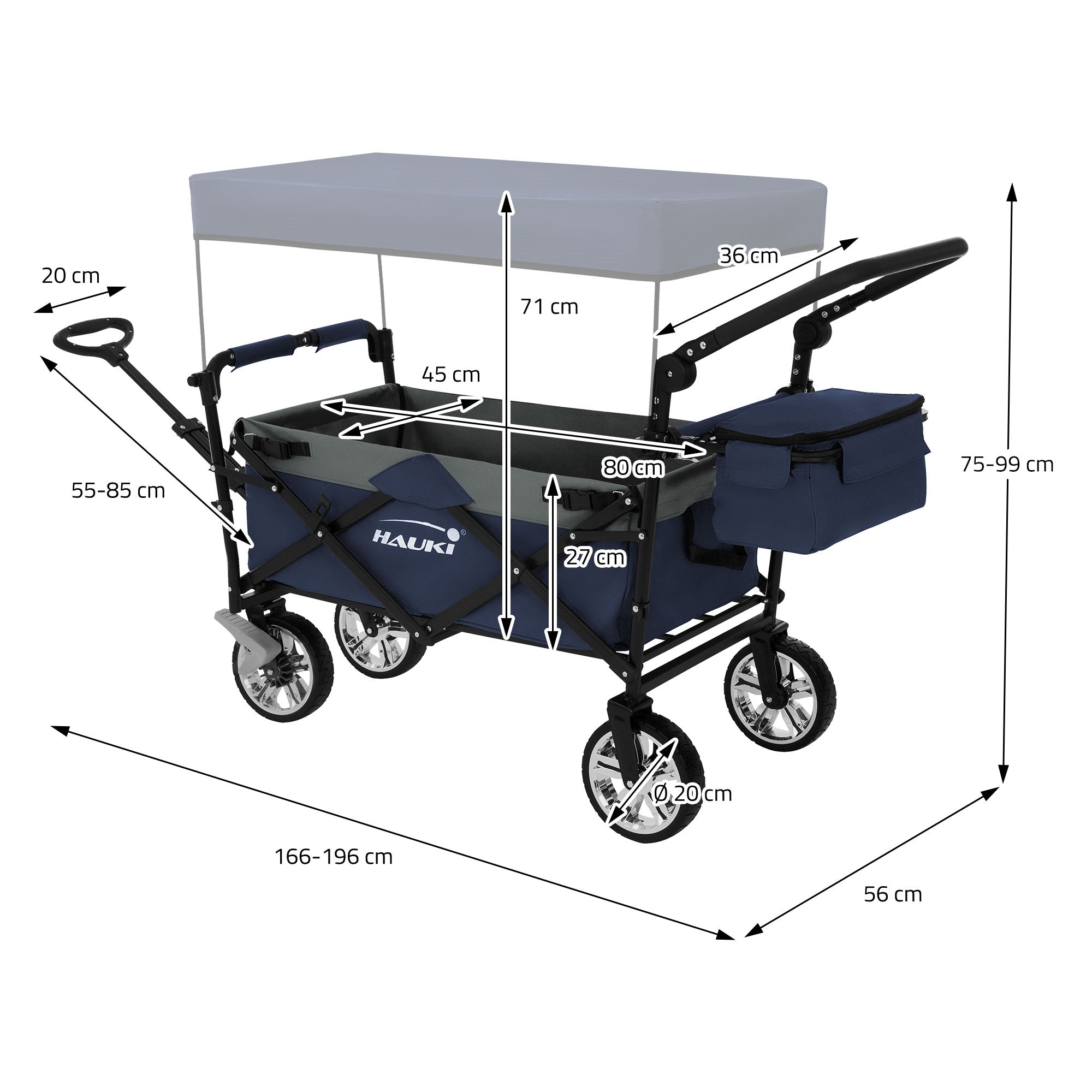 Hauki chariot pliable avec toit bleu/gris 120 kg + sac