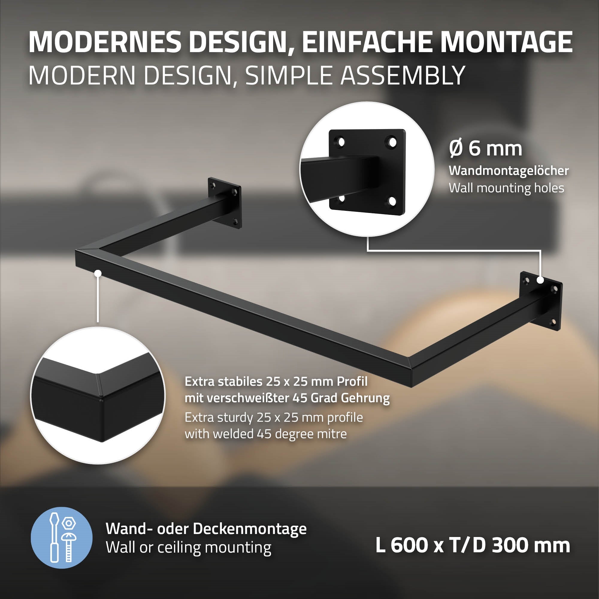 ECD Germany Möbel tringle penderie murale 30x60 noir lot de 2