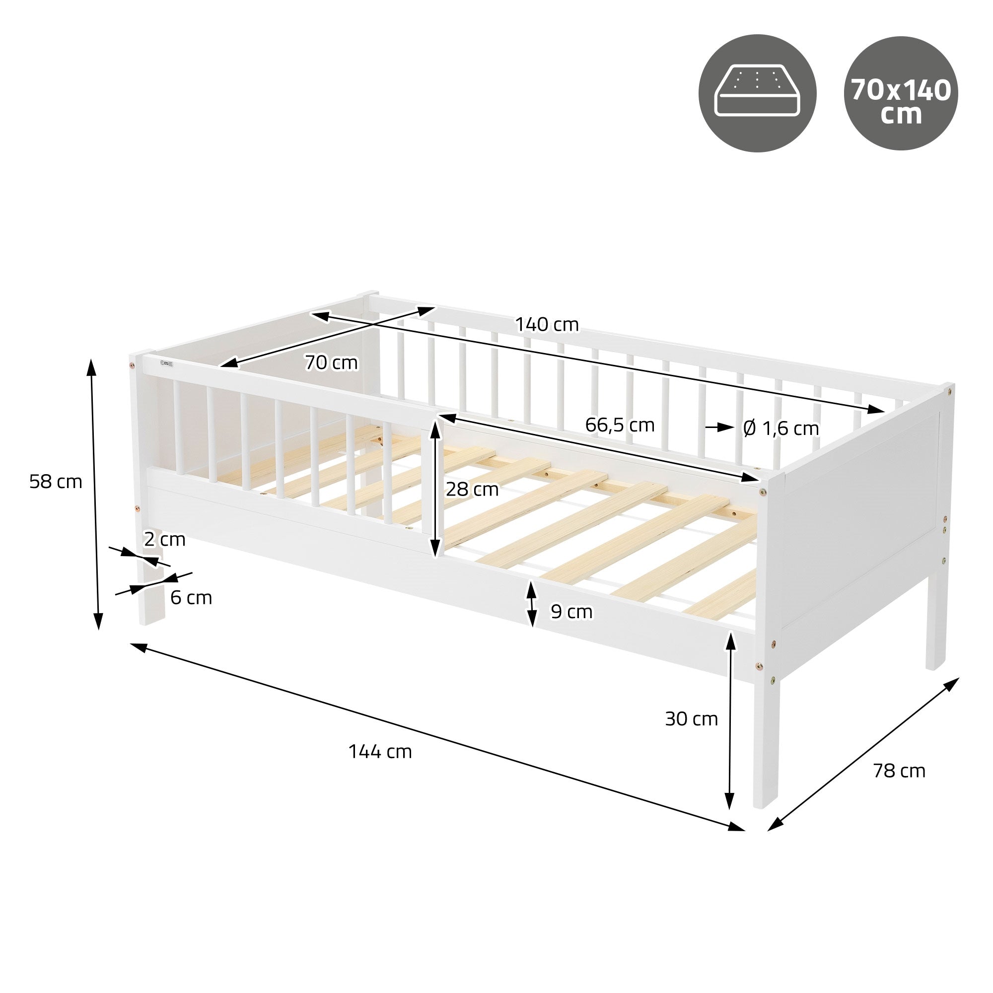ECD Germany lit enfant 70x140 blanc pin avec barrière