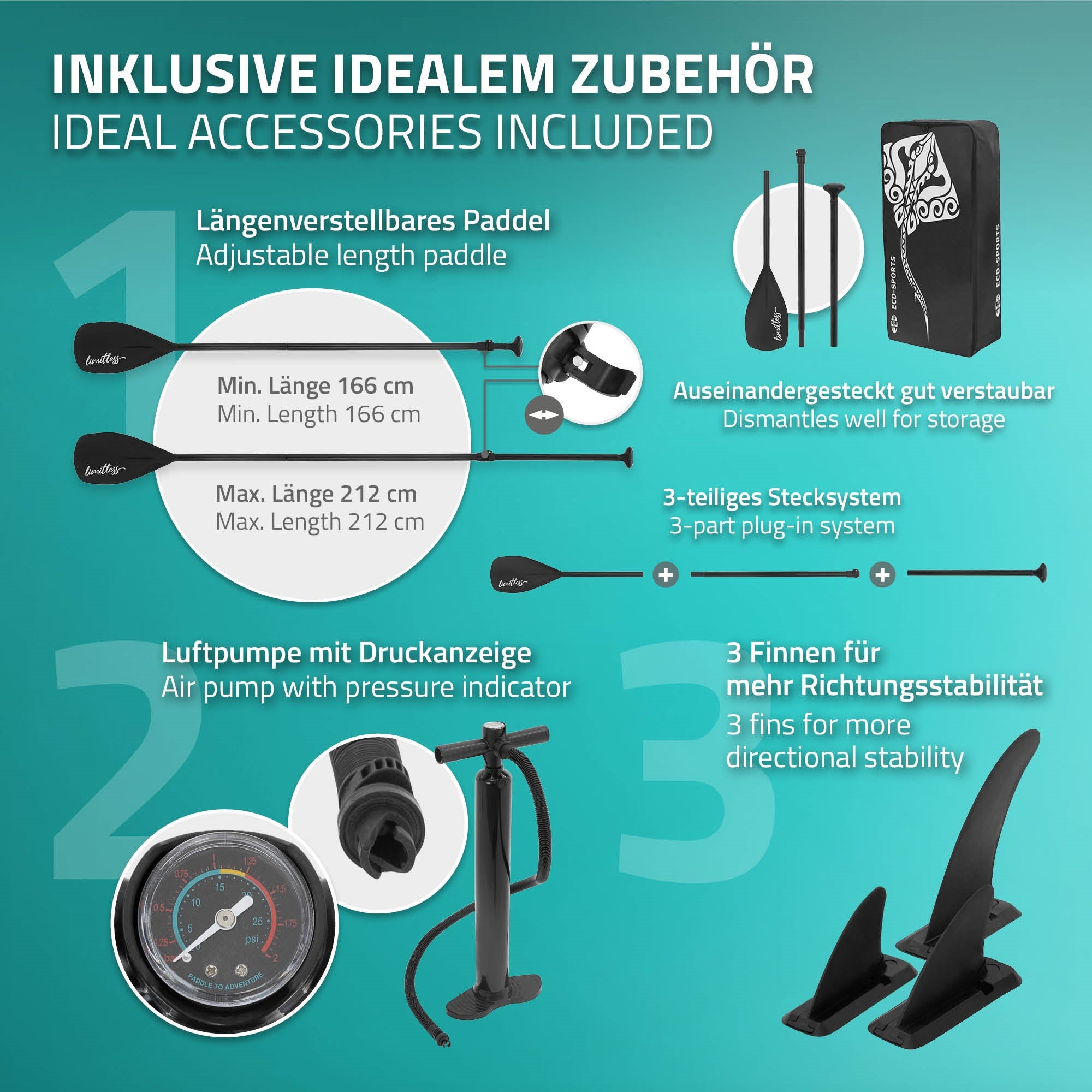 ECD Germany Limitless 308 SUP gonflable turquoise + pompe