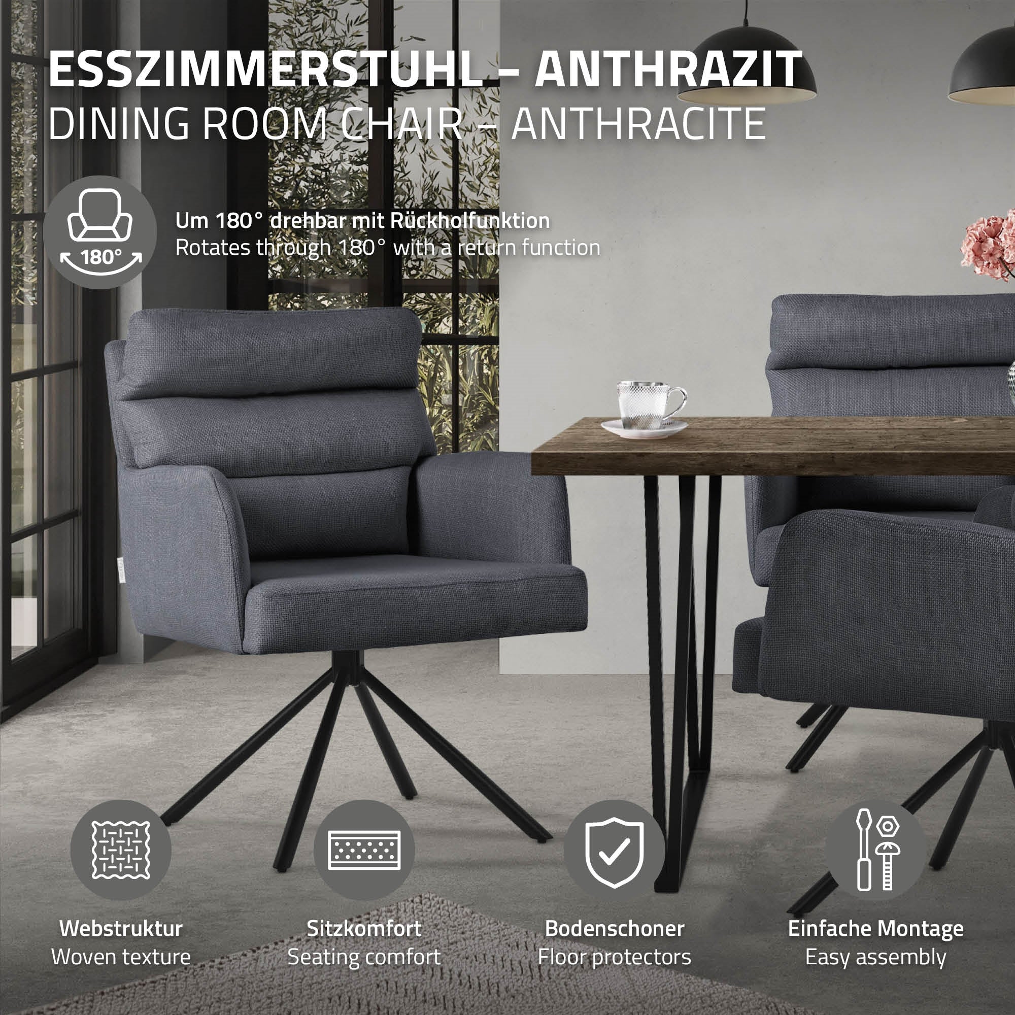 ECD Germany Chaise salle à manger pivotante anthracite 120kg