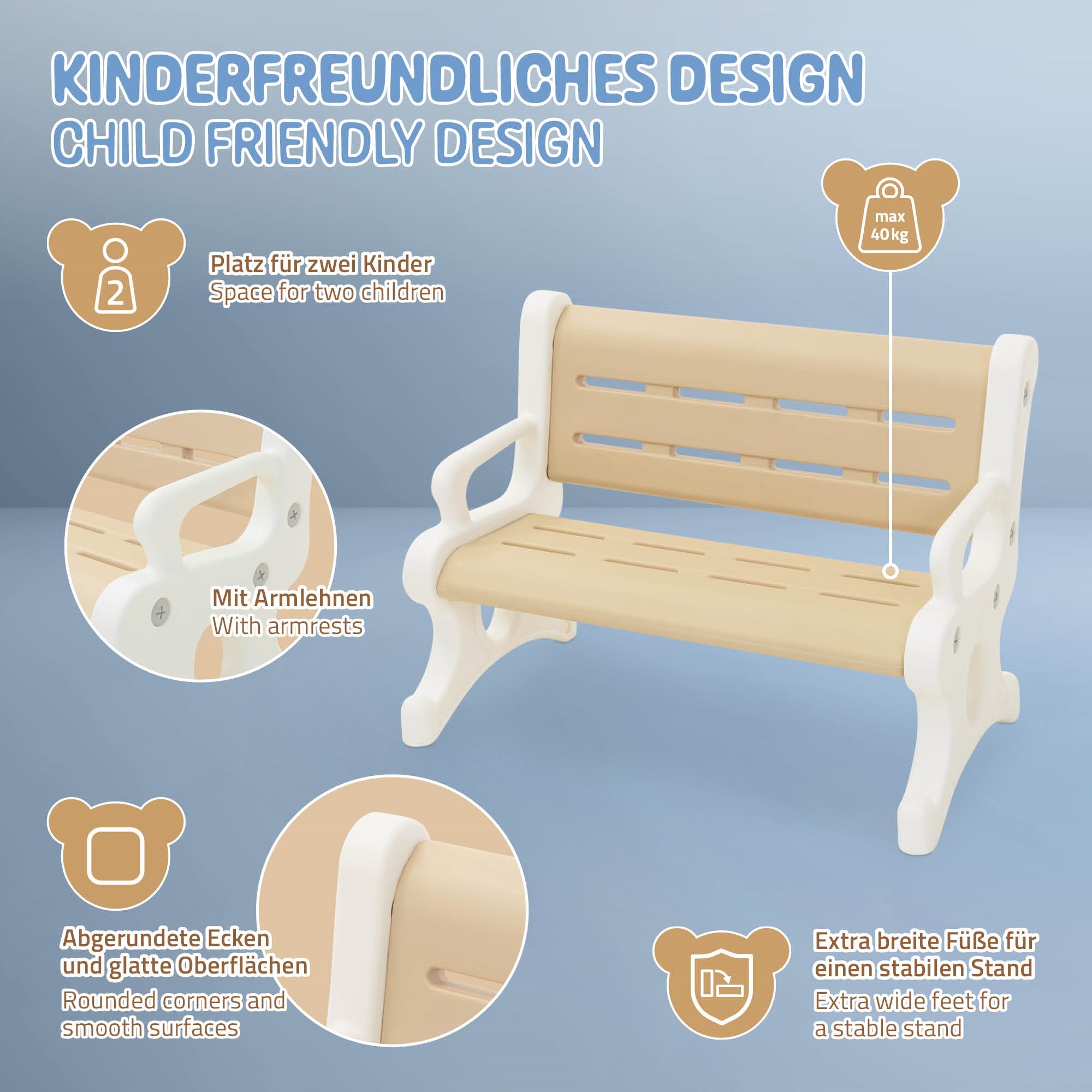 ECD Germany Joyz banc enfant plastique marron-blanc 81,5 cm