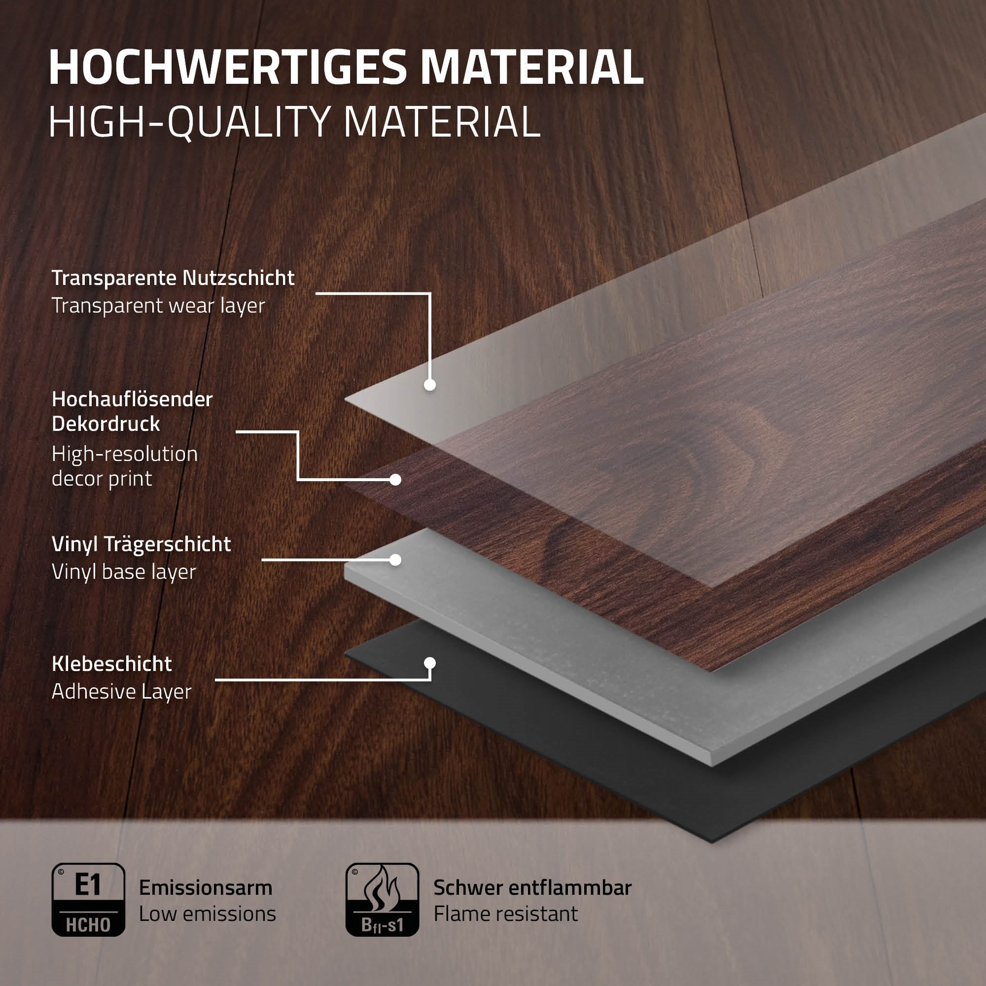ECD Germany sol vinyle noyer rouge-brun 2mm 2,23m² adhésif