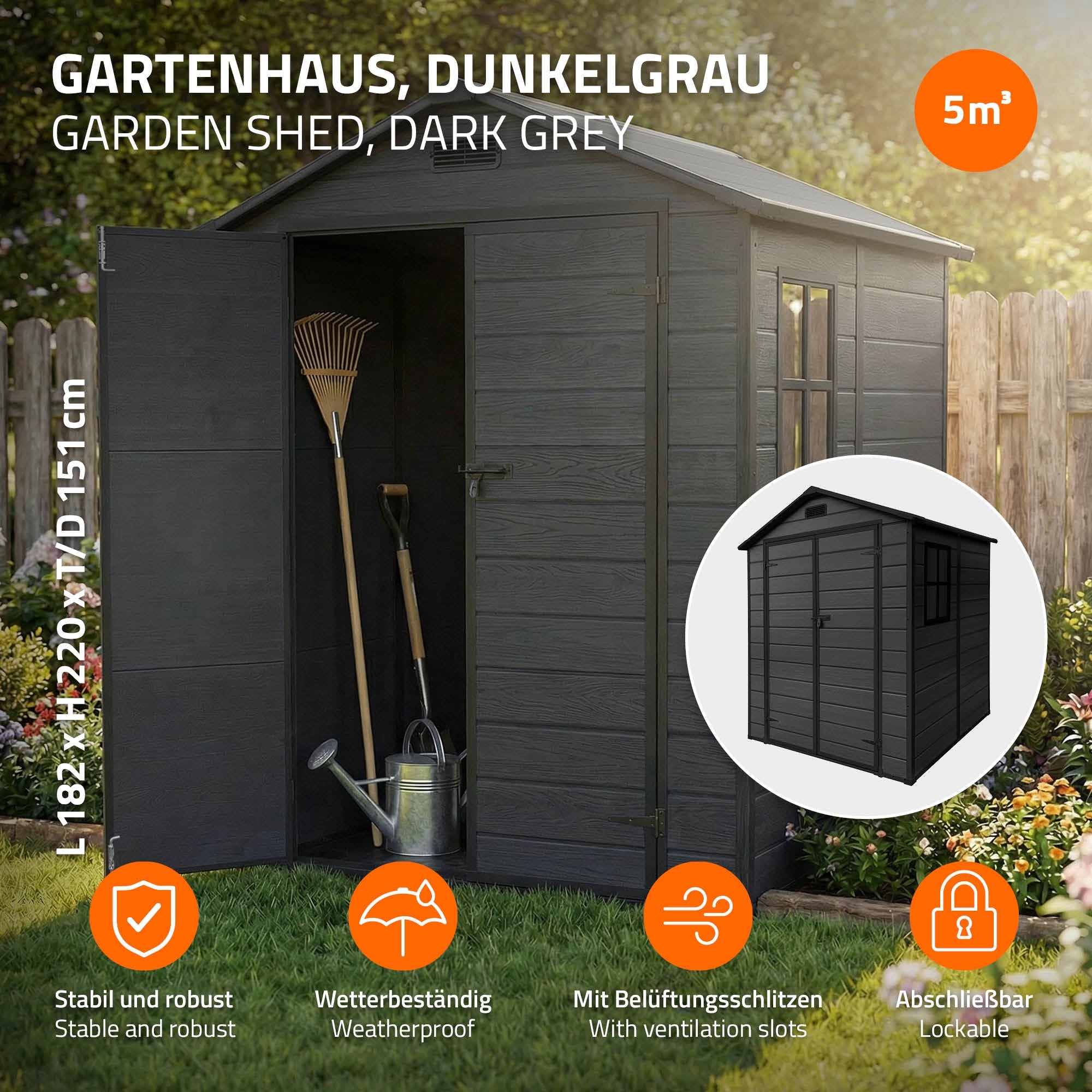 ECD Germany Garten abri jardin plastique 5m³ gris foncé double porte