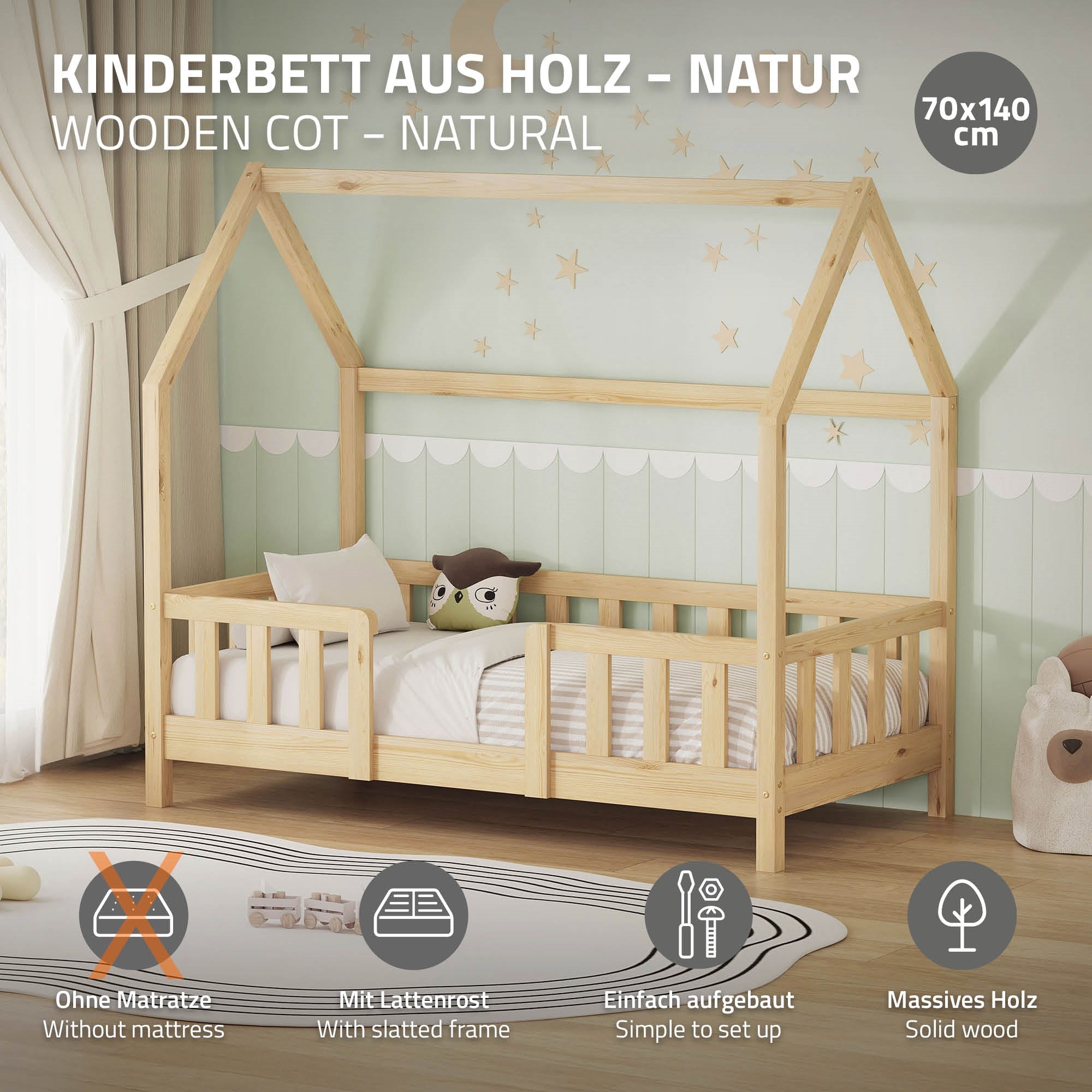 ML-Design Kinder lit cabane enfant pin 70x140 barrière + sommier