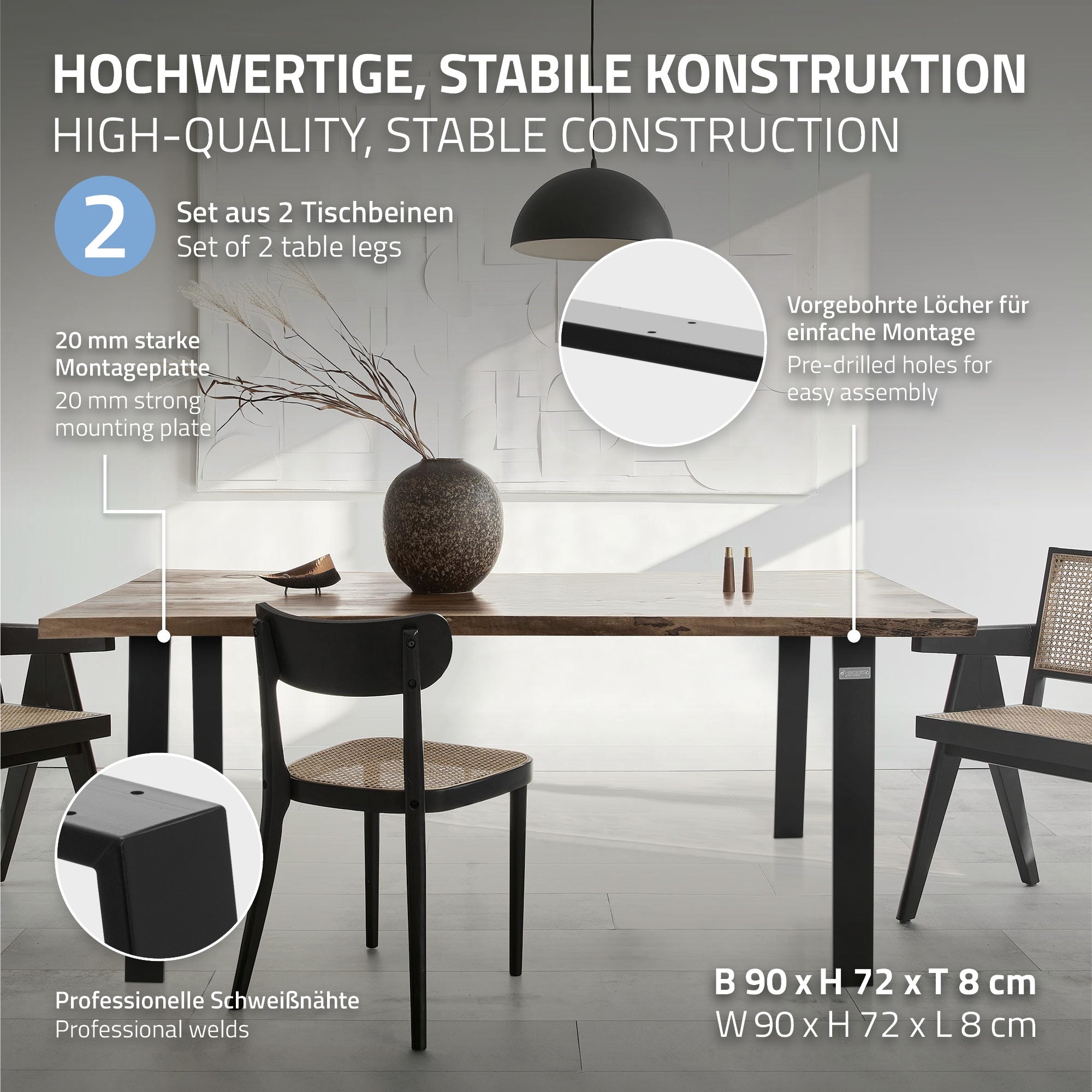 ECD Möbel Loft set 2 pieds table noir 90x72 cm