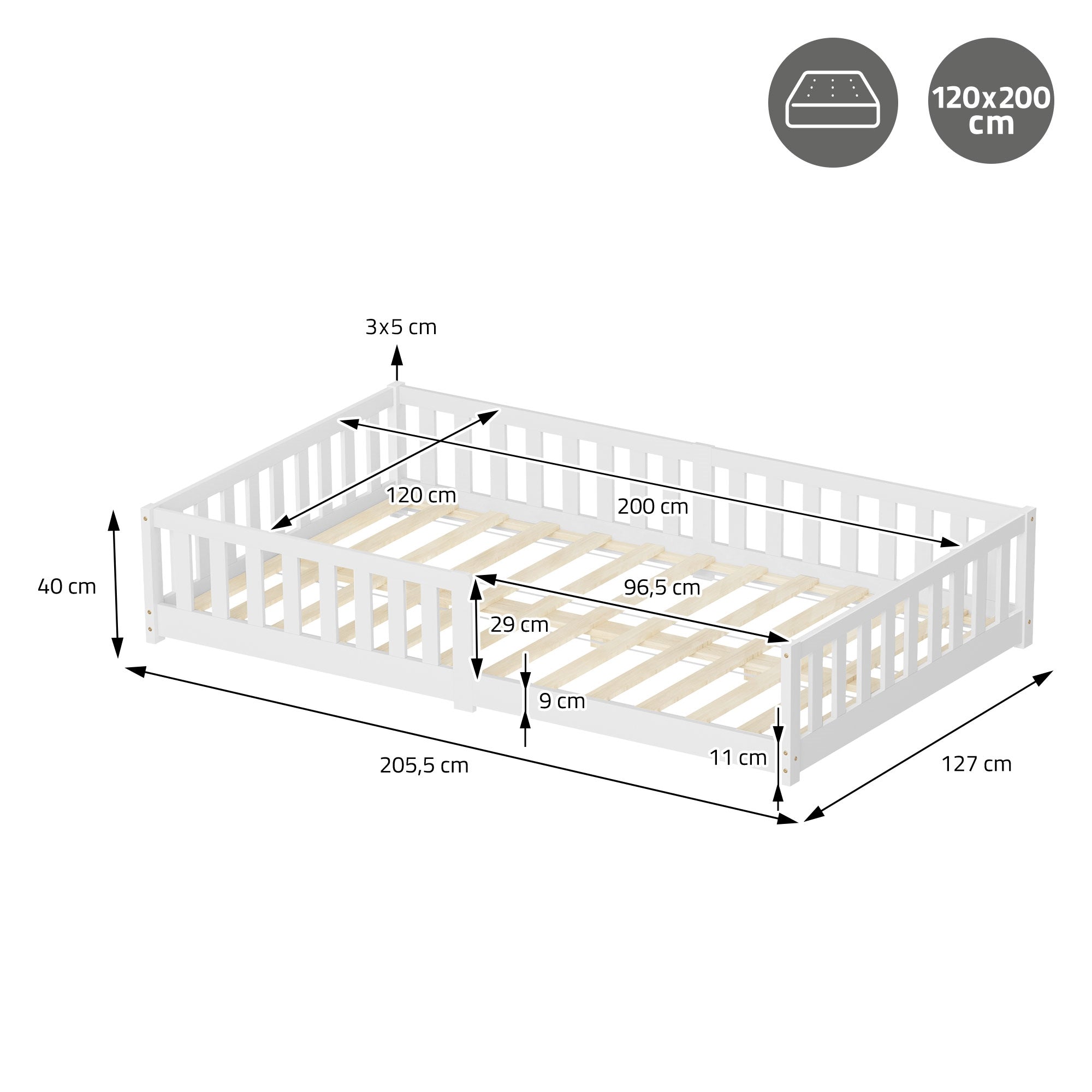 ECD Kinder Lit Enfant 120x200 Blanc Pin avec Sommier
