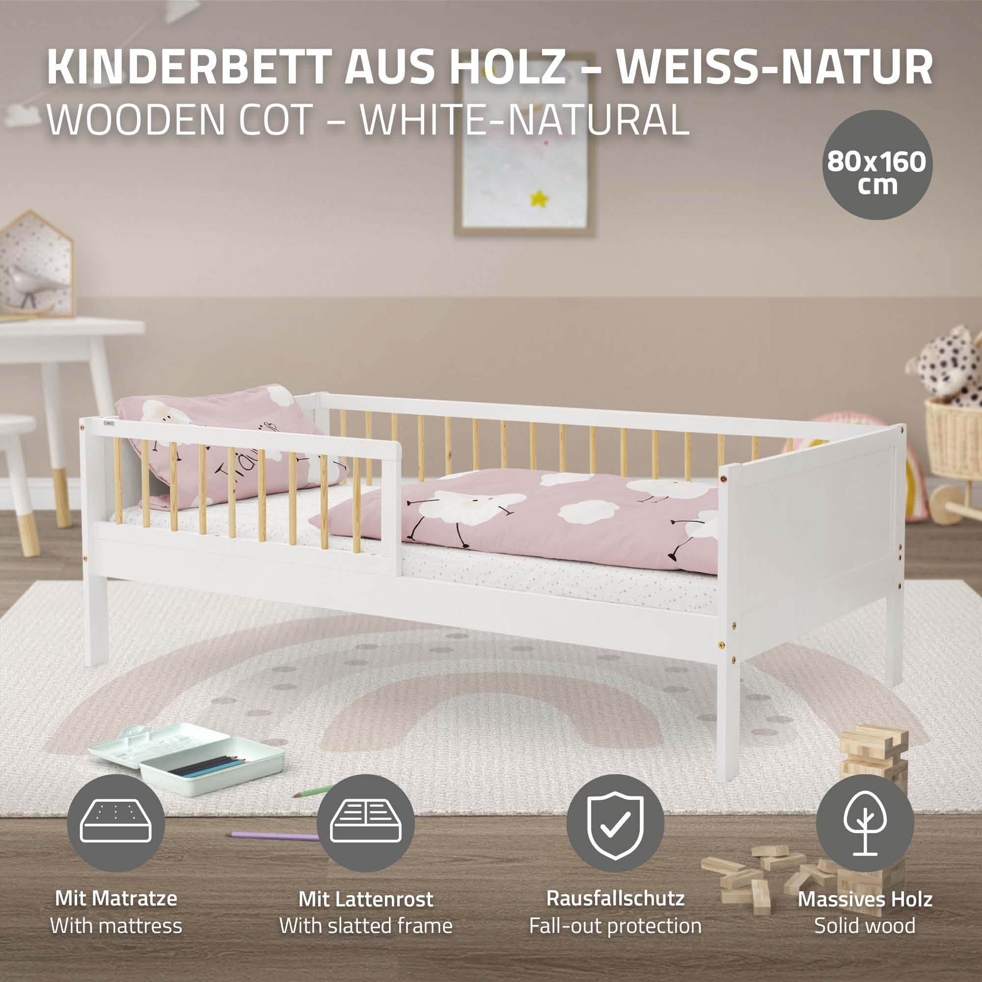 ECD Germany Kinder lit enfant 80x160 blanc matelas barrière