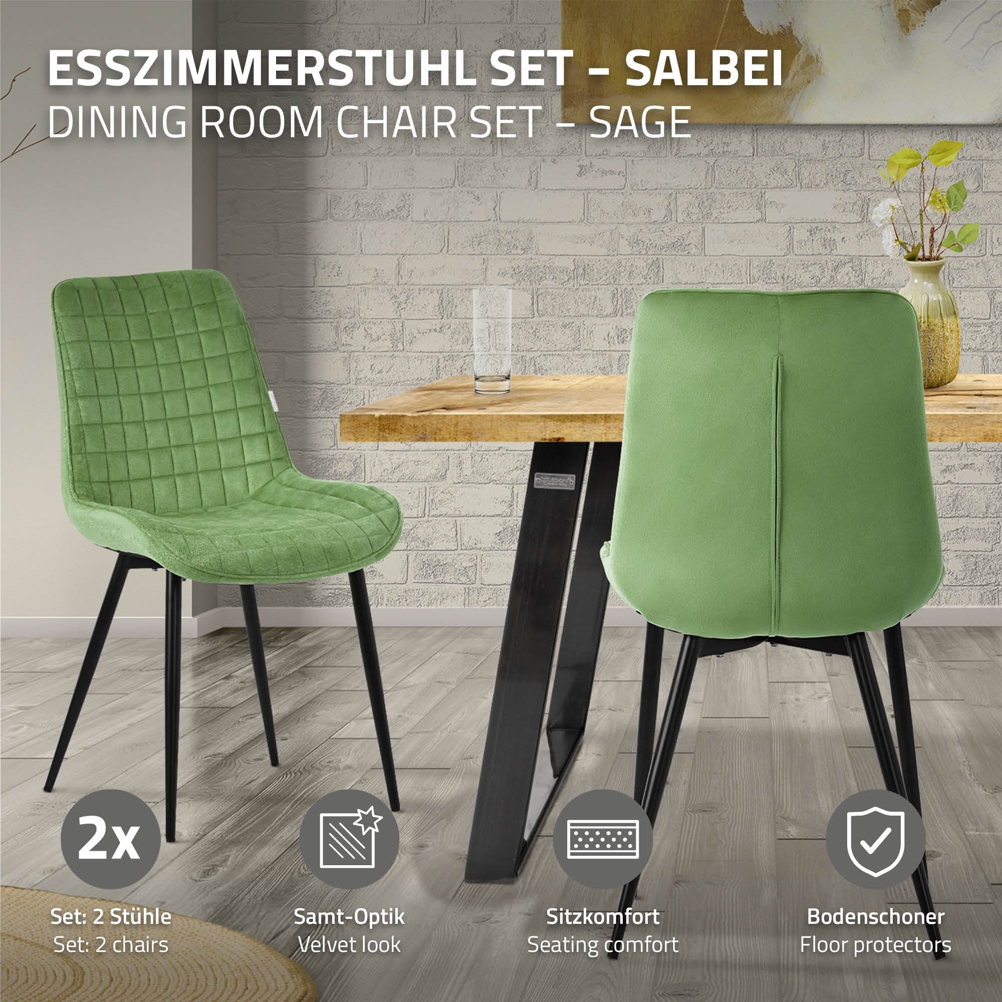 ML-Design chaise salle à manger velours sauge lot 2 dossier acier