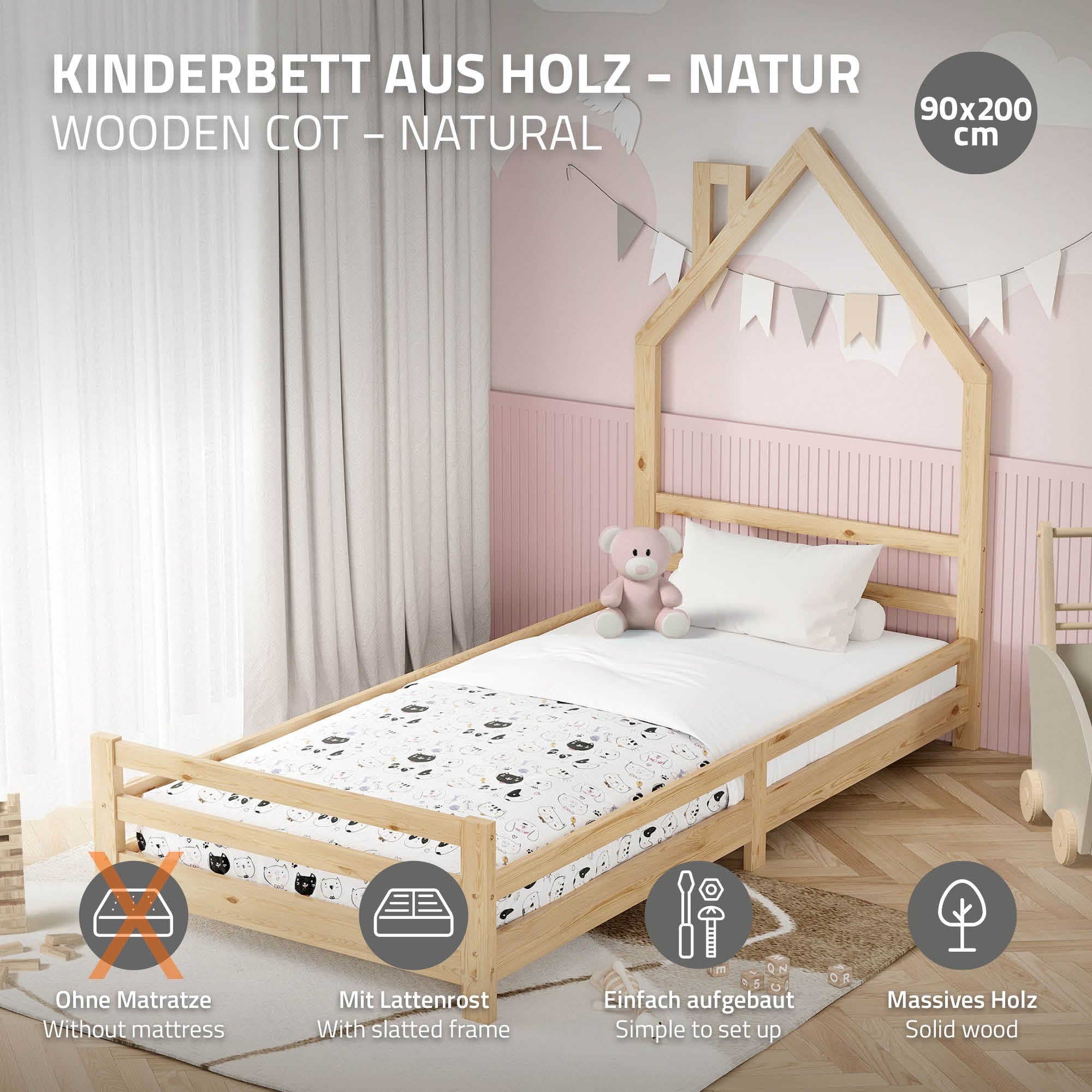 ECD Germany Kinder lit cabane 90x200 nature pin massif