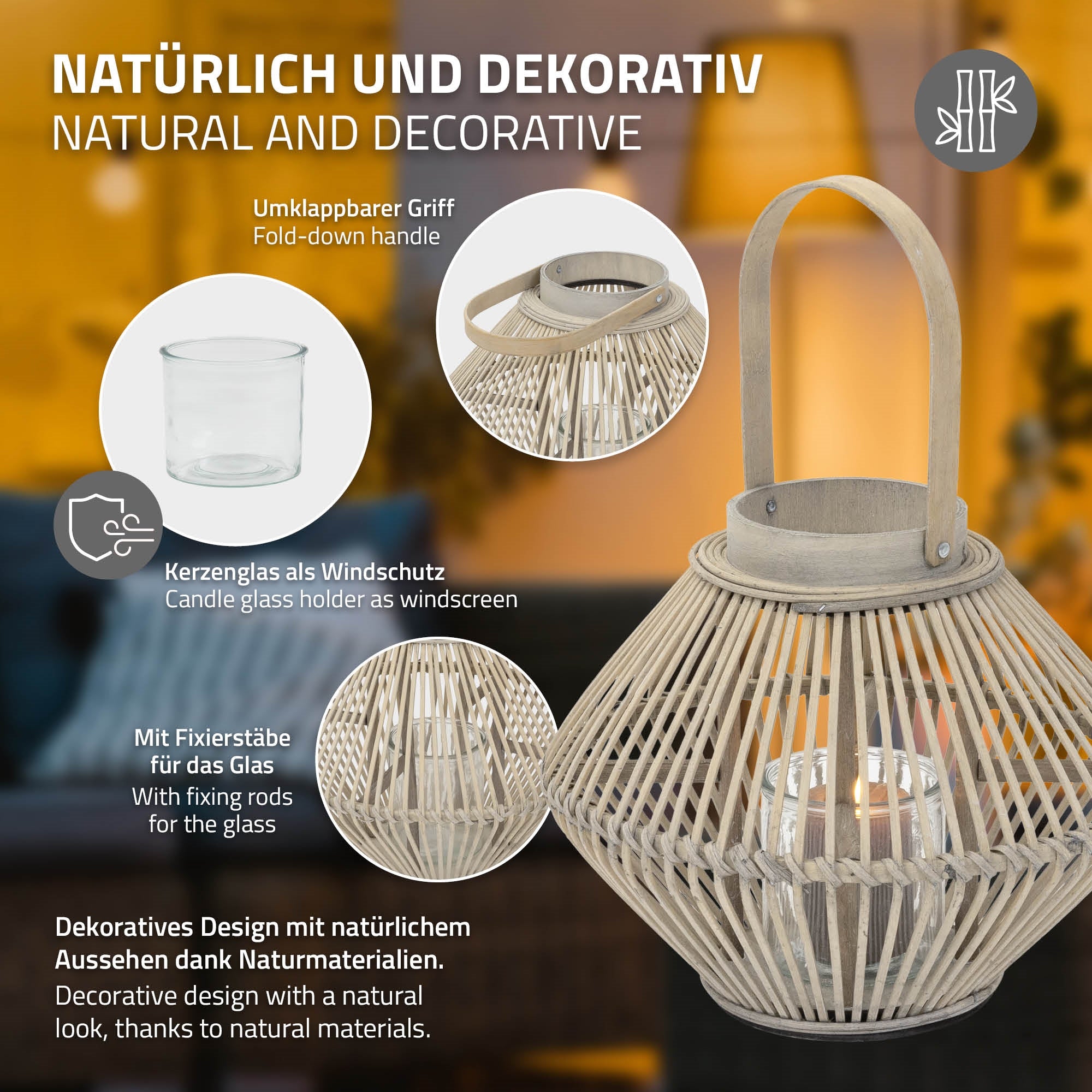 ECD Germany Garten Lanterne Bambou 42 cm avec verre