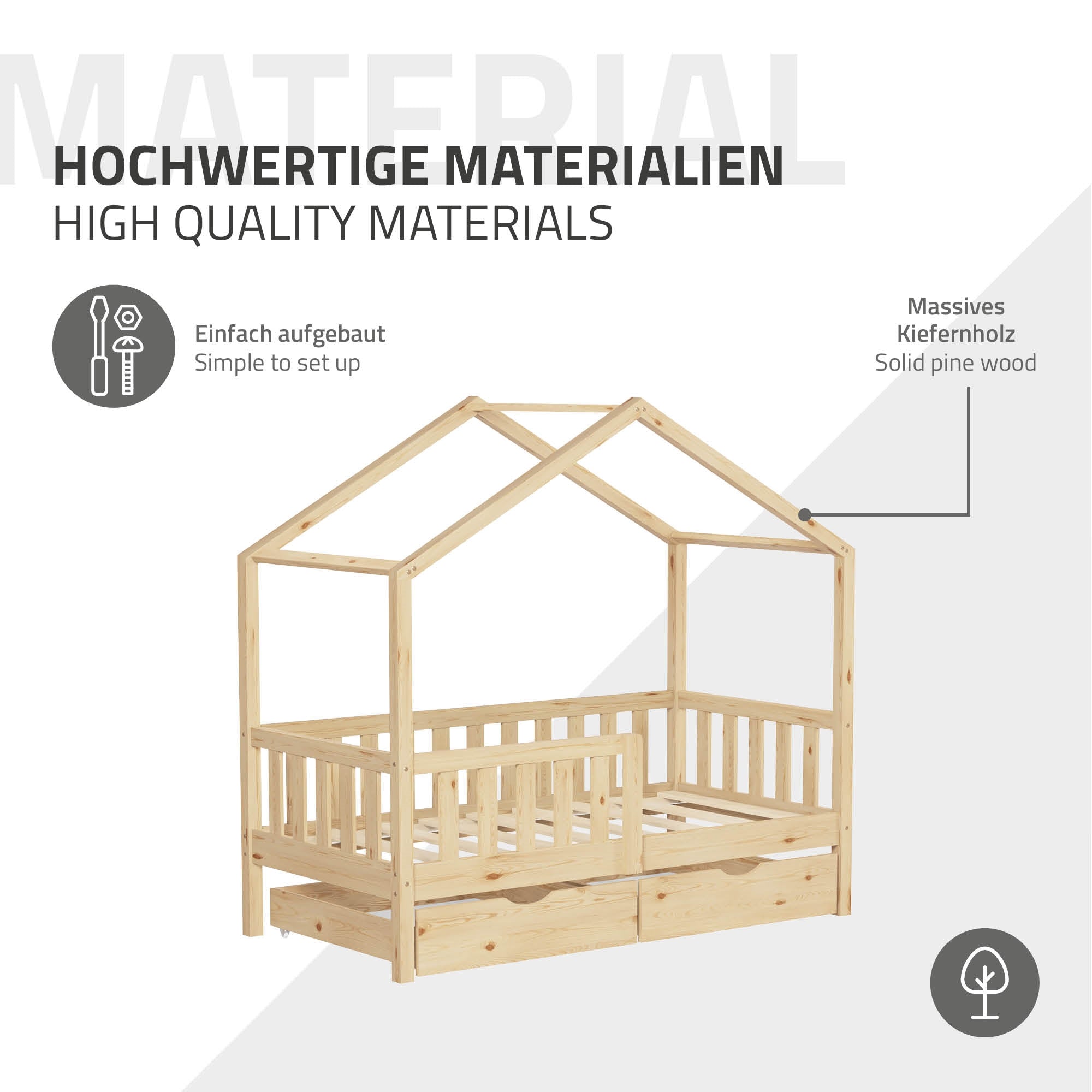ECD Germany Kinder lit cabane 70x140 pin matelas tiroirs