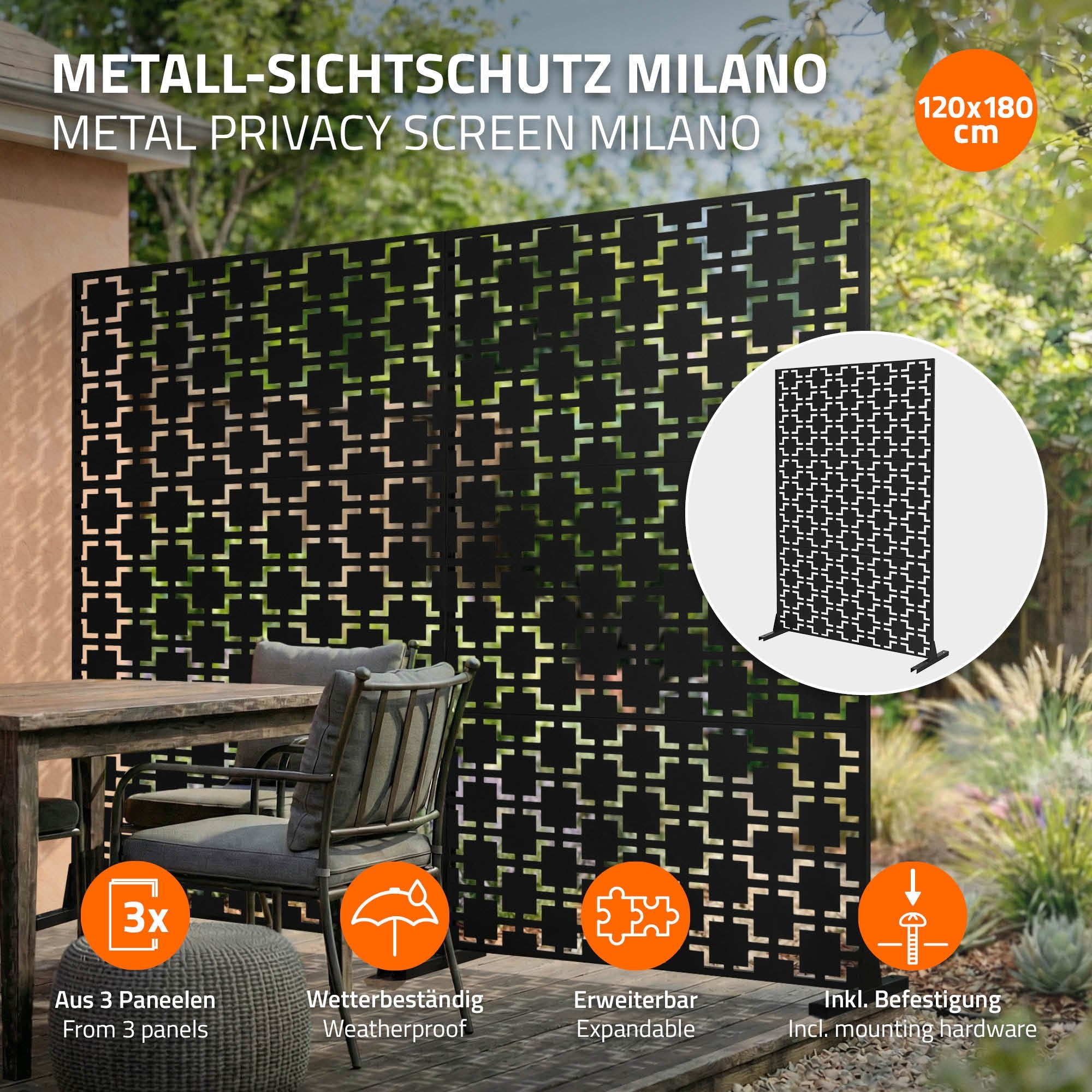 ECD Germany Milano paravent métal noir 120x180 cm