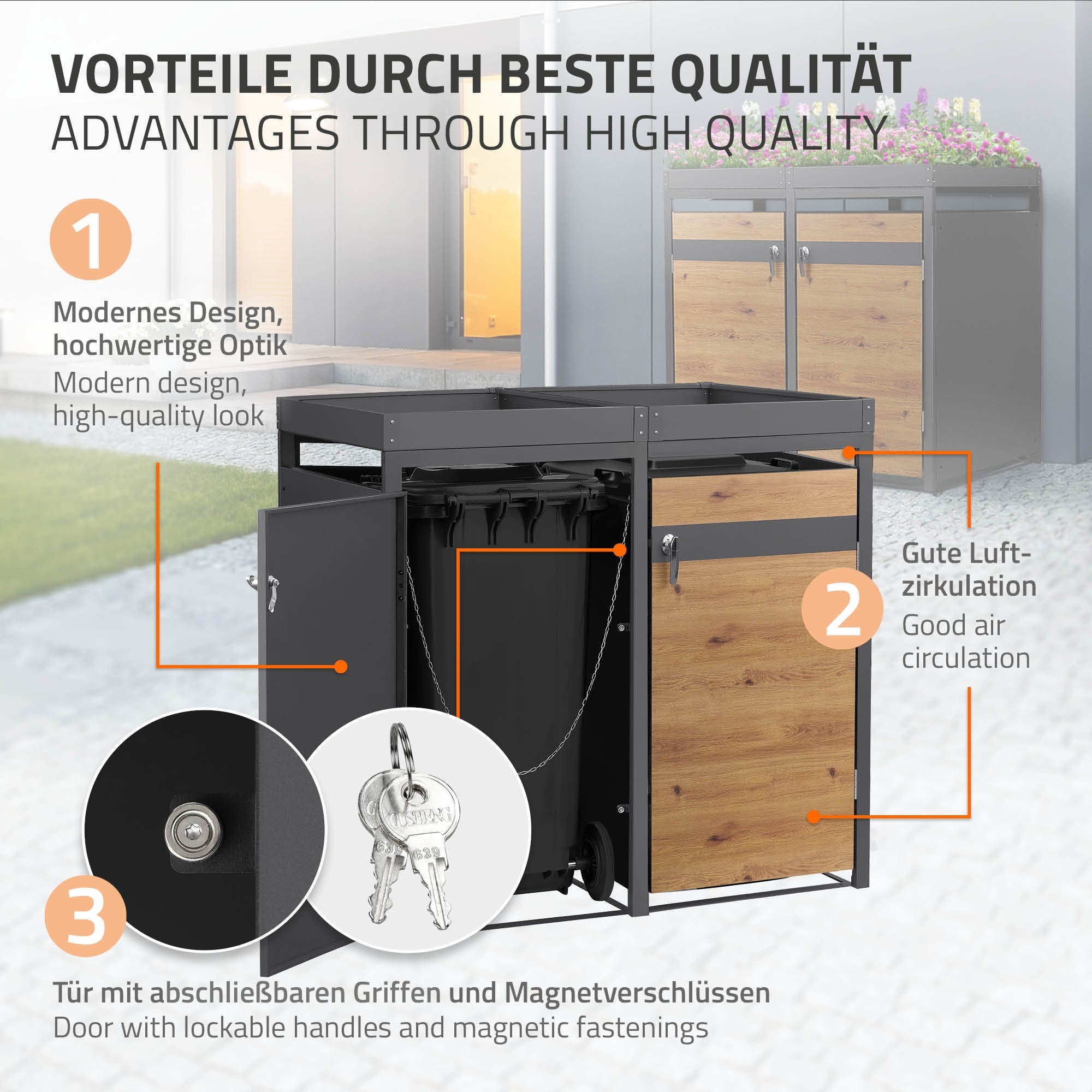 ECD Germany Garten cache poubelle 3x240L chêne toit plantes acier