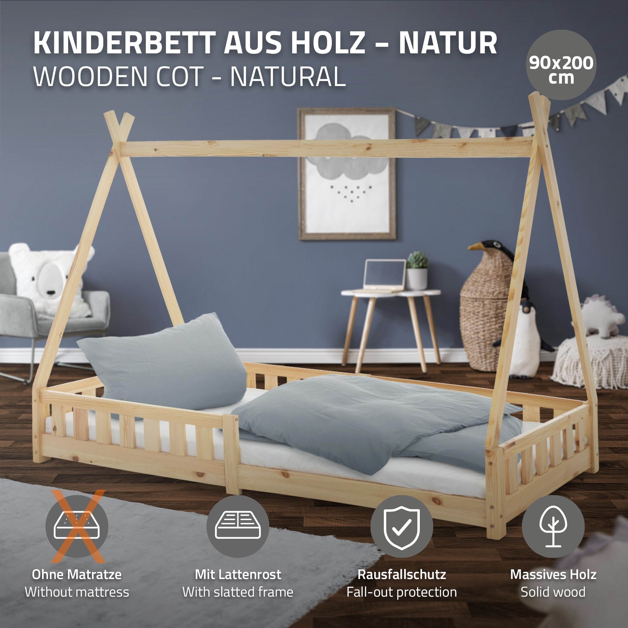 ECD Germany Kinder Lit Tipi 90x200 cm Pin avec Sommier