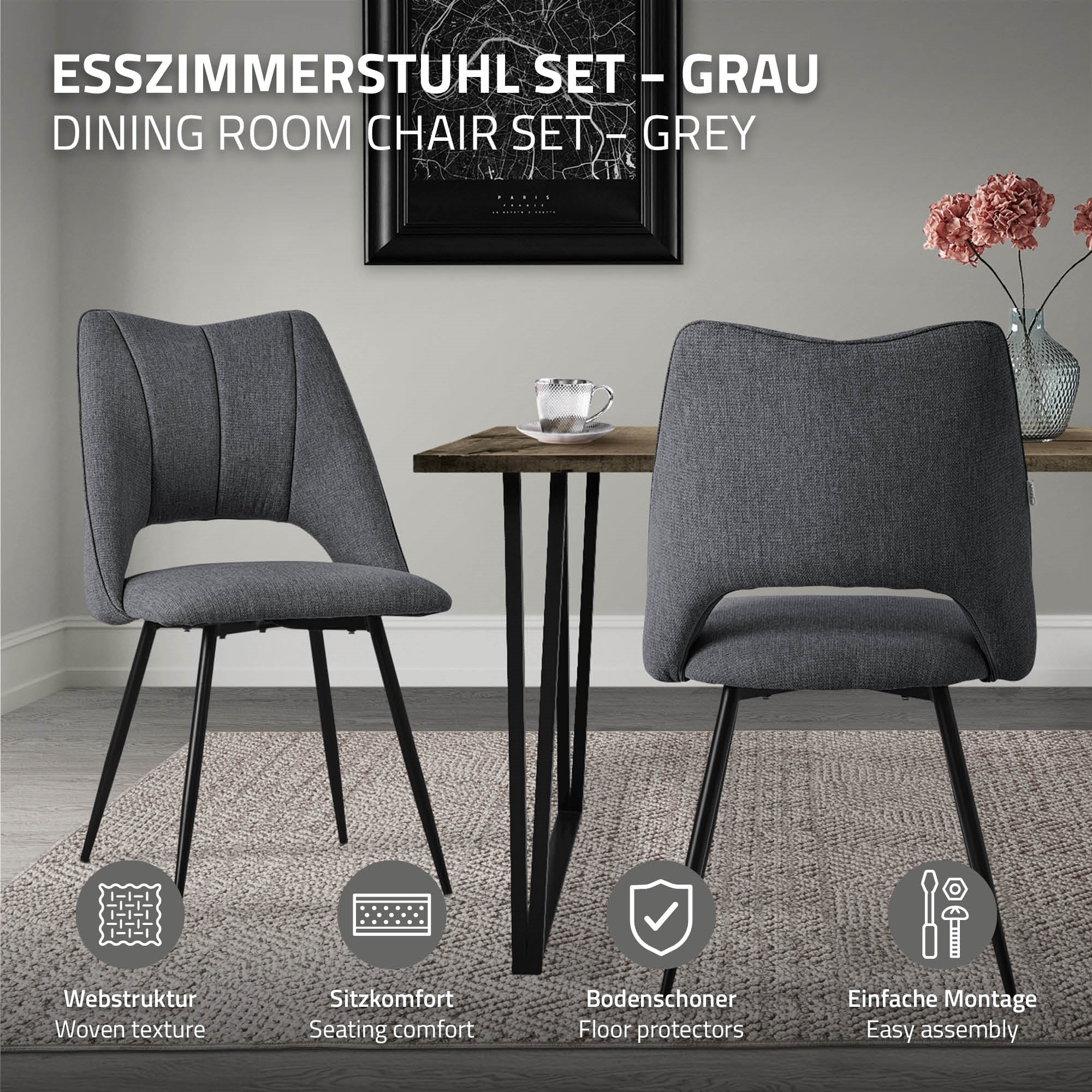 ECD Germany Möbel Chaise Salle à Manger Grise Rembourrée Lot 2