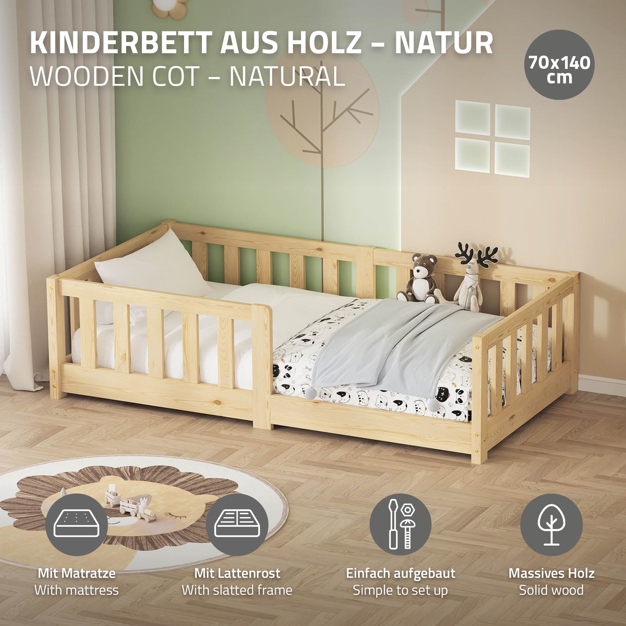 ECD Germany Kinder ML-Design lit enfant pin 70x140 cm avec matelas 10 cm
