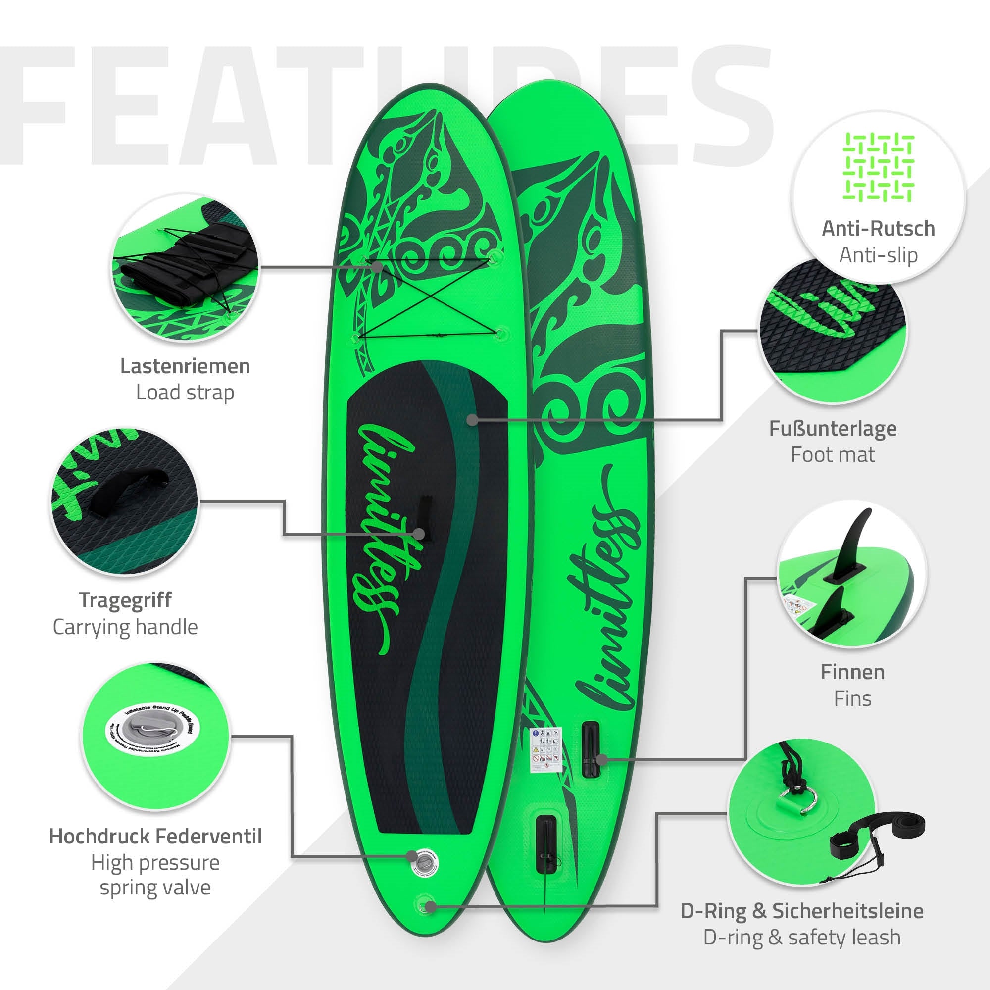 ECD Limitless 308x76x10 cm paddle gonflable vert PVC avec pompe