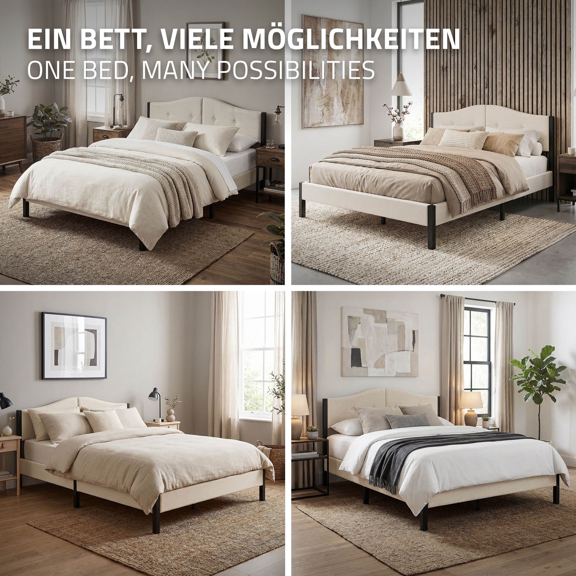 ECD Germany Möbel lit double 140x200 beige tissu capitonné