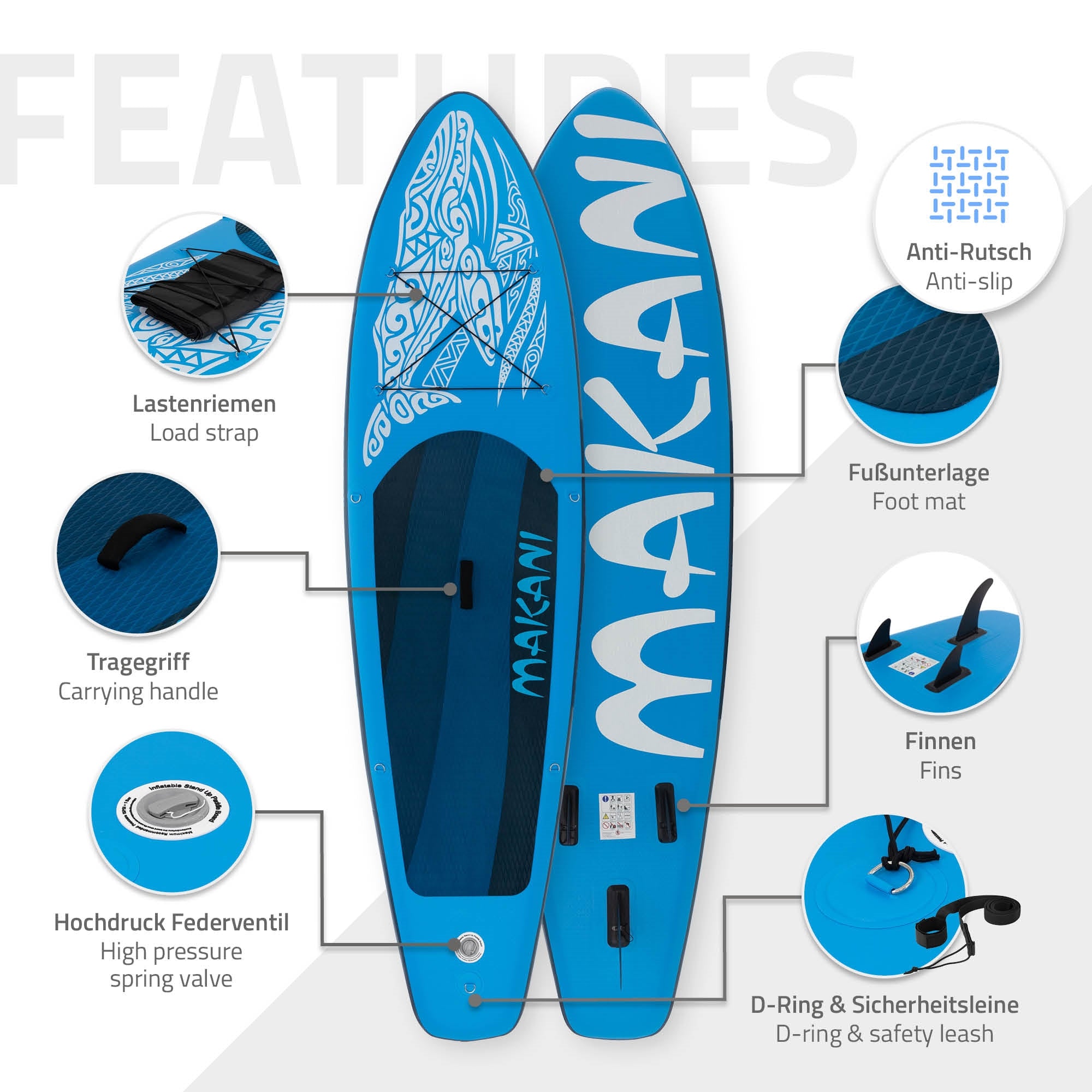 ECD Germany Makani paddle gonflable bleu 320x80 cm PVC