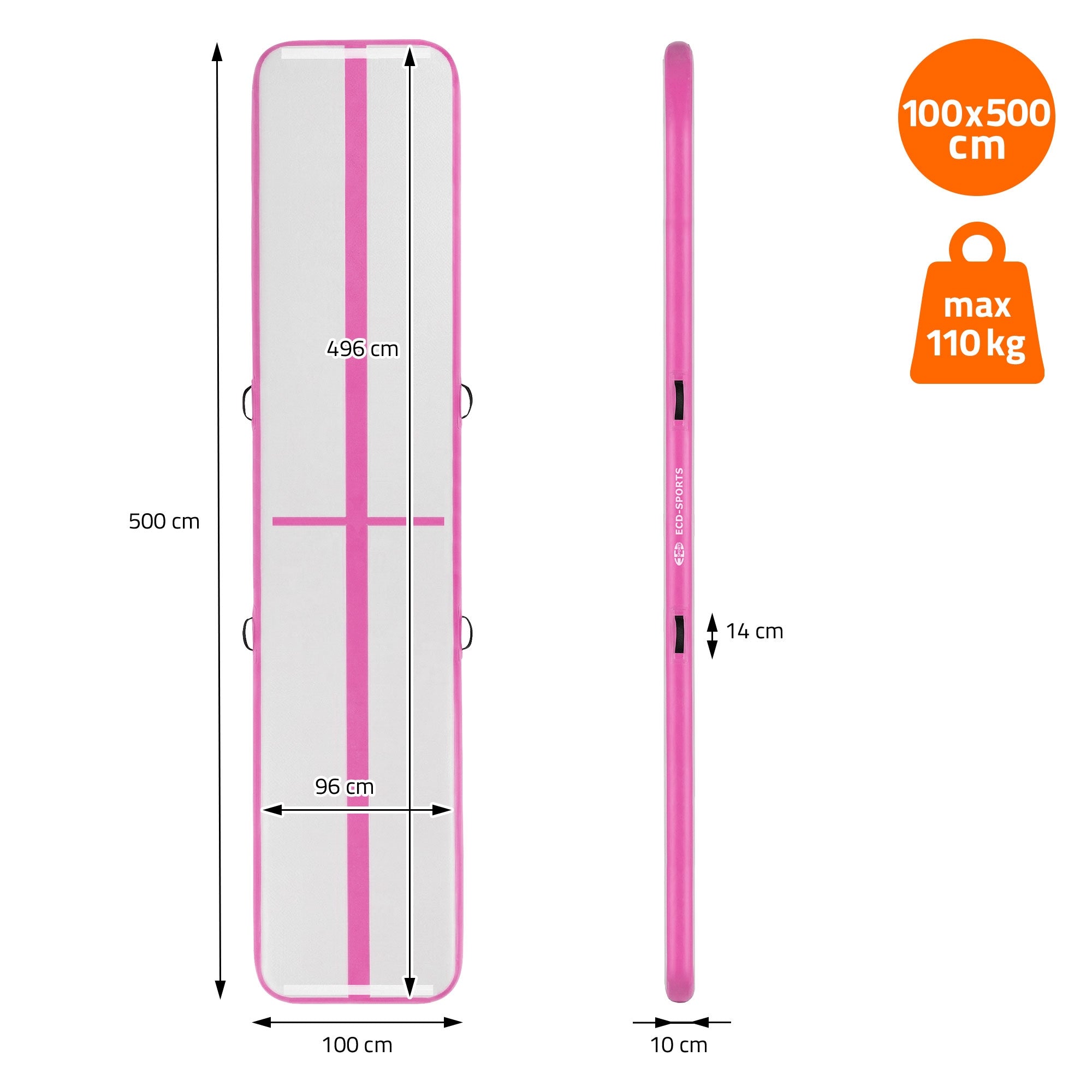 ECD Germany Airtrack tapis gym gonflable rose 500x100x10 cm