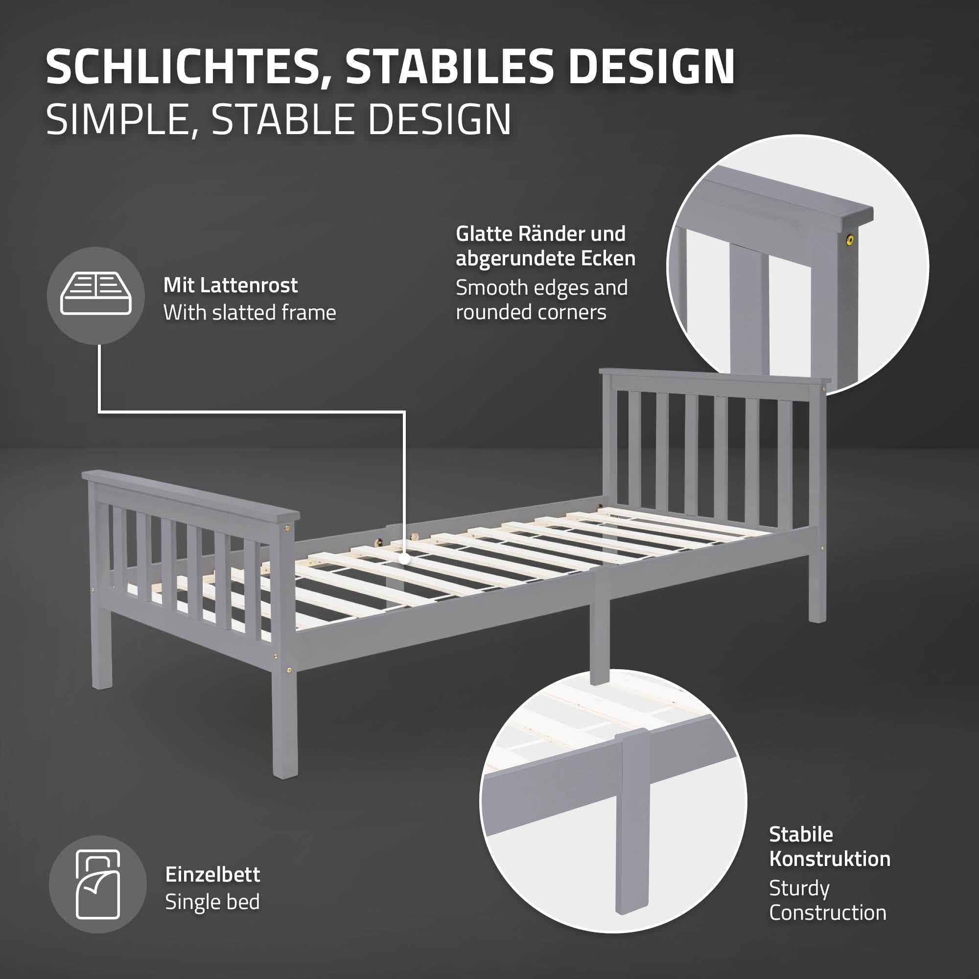 ECD Germany ML-Design lit simple 90x200 pin gris clair matelas 10cm