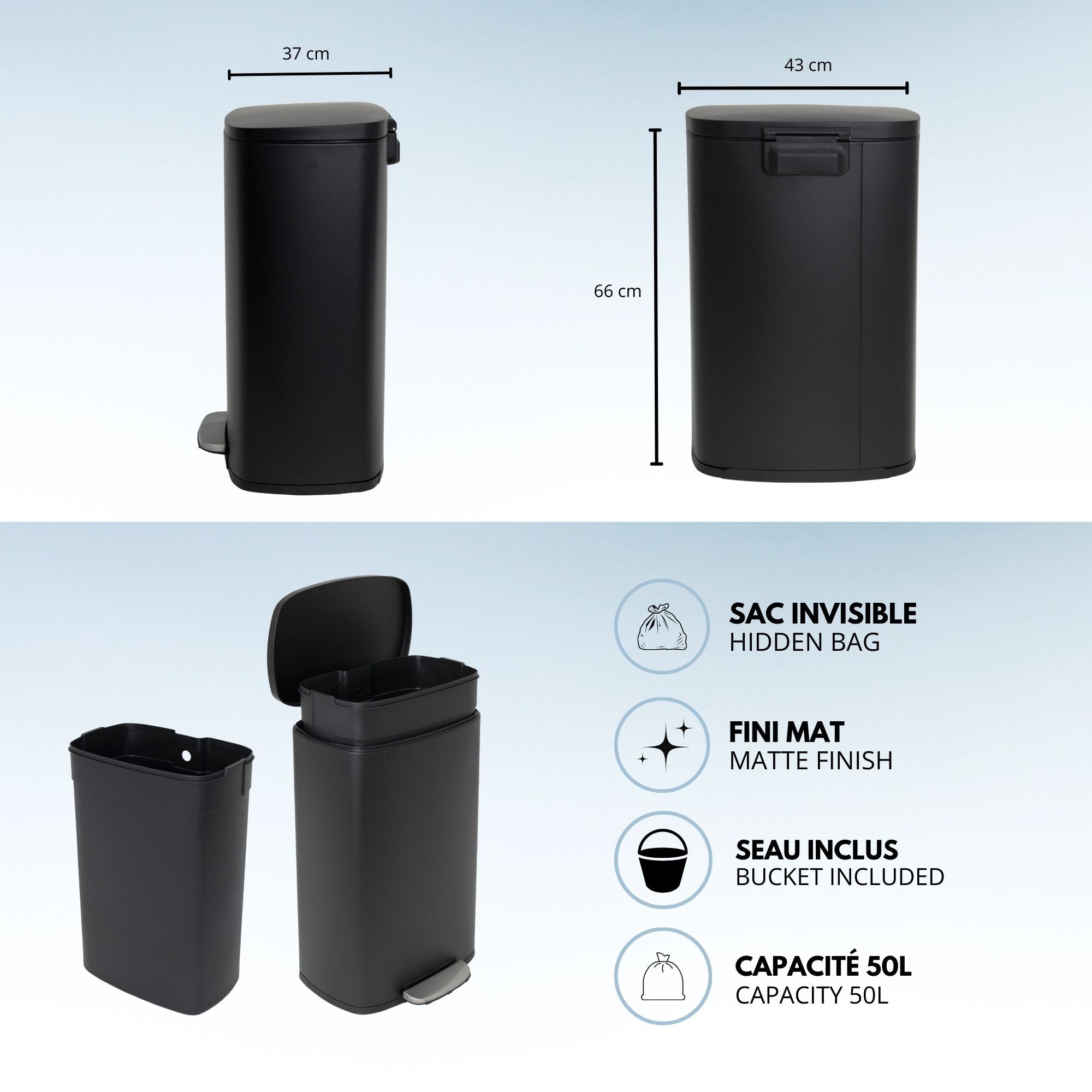Red Deco Admiral 50L poubelle pédale inox noir mat