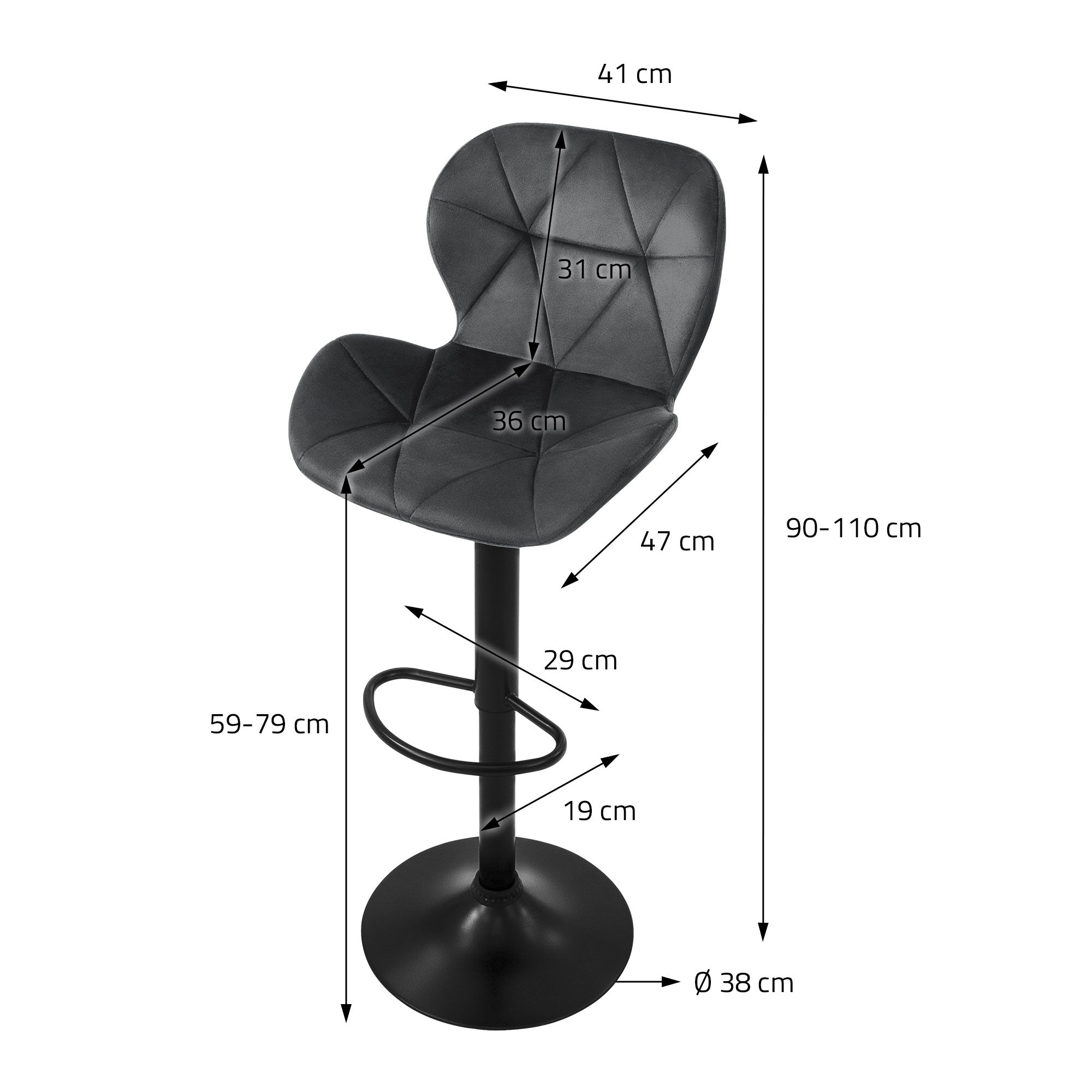 ECD Germany Tabouret Bar Velours Gris Lot 2 Réglable 59-79 cm