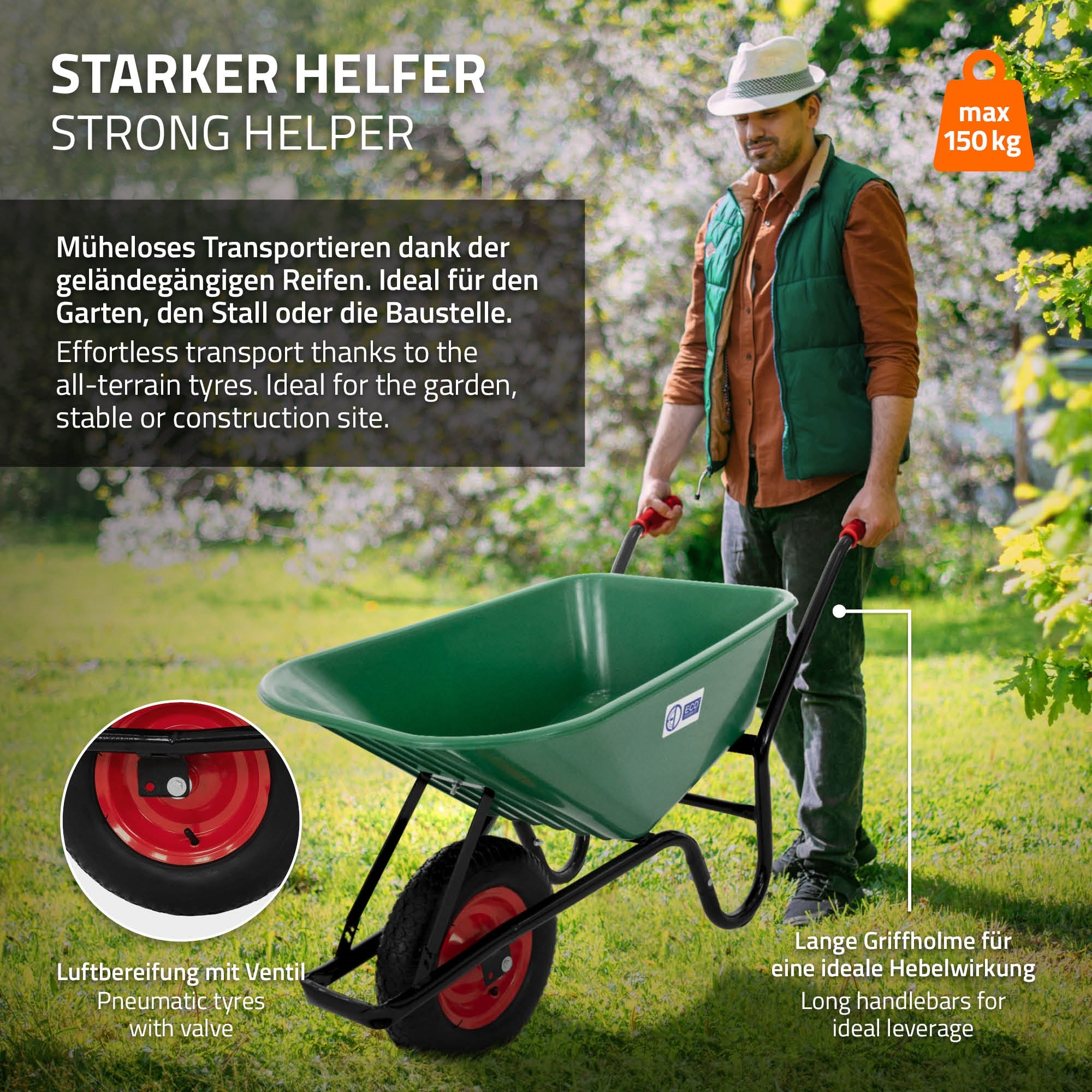 ECD Germany Garten Brouette 100L verte 150kg plastique