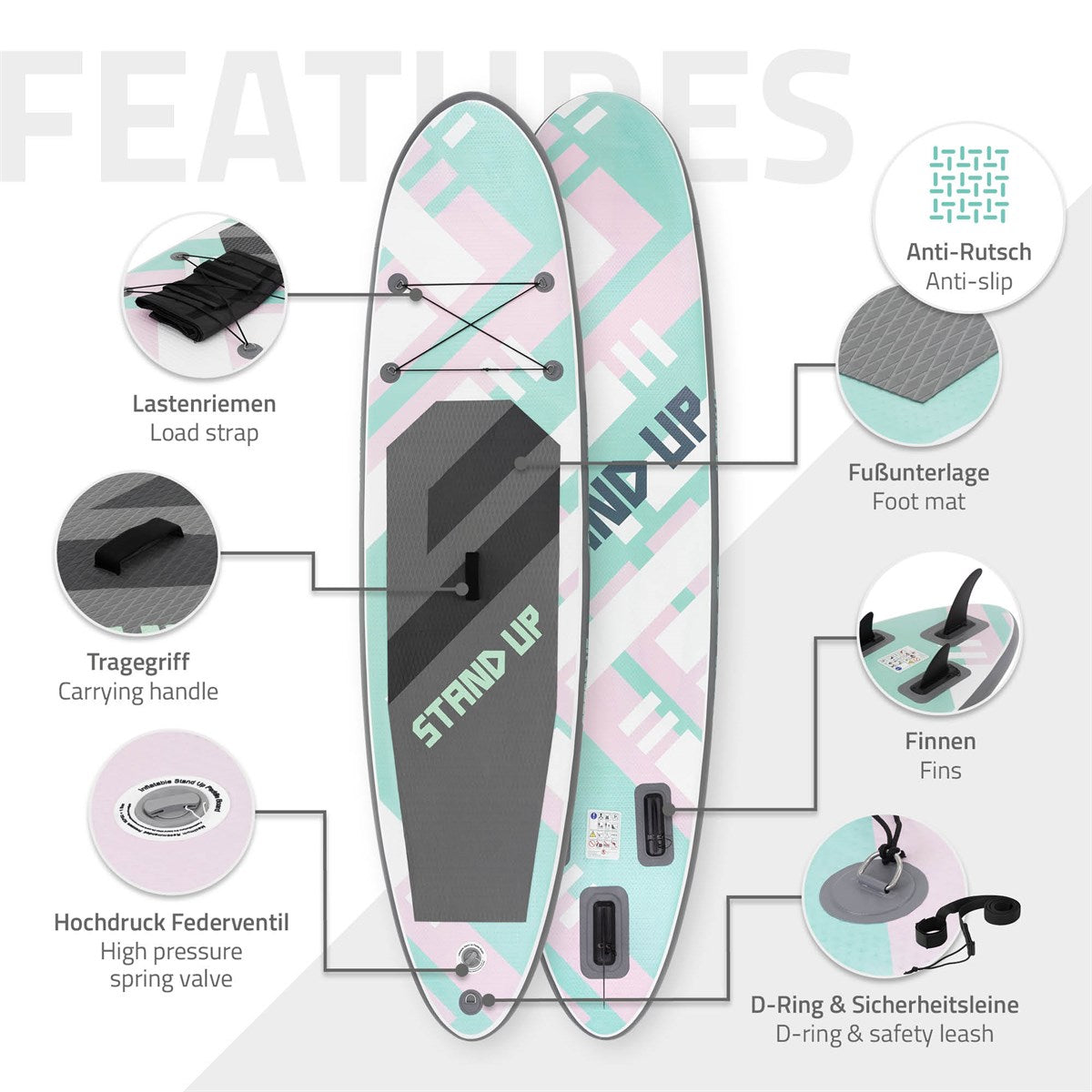 ECD Germany SUP paddle gonflable 308cm rose mint PVC + pompe