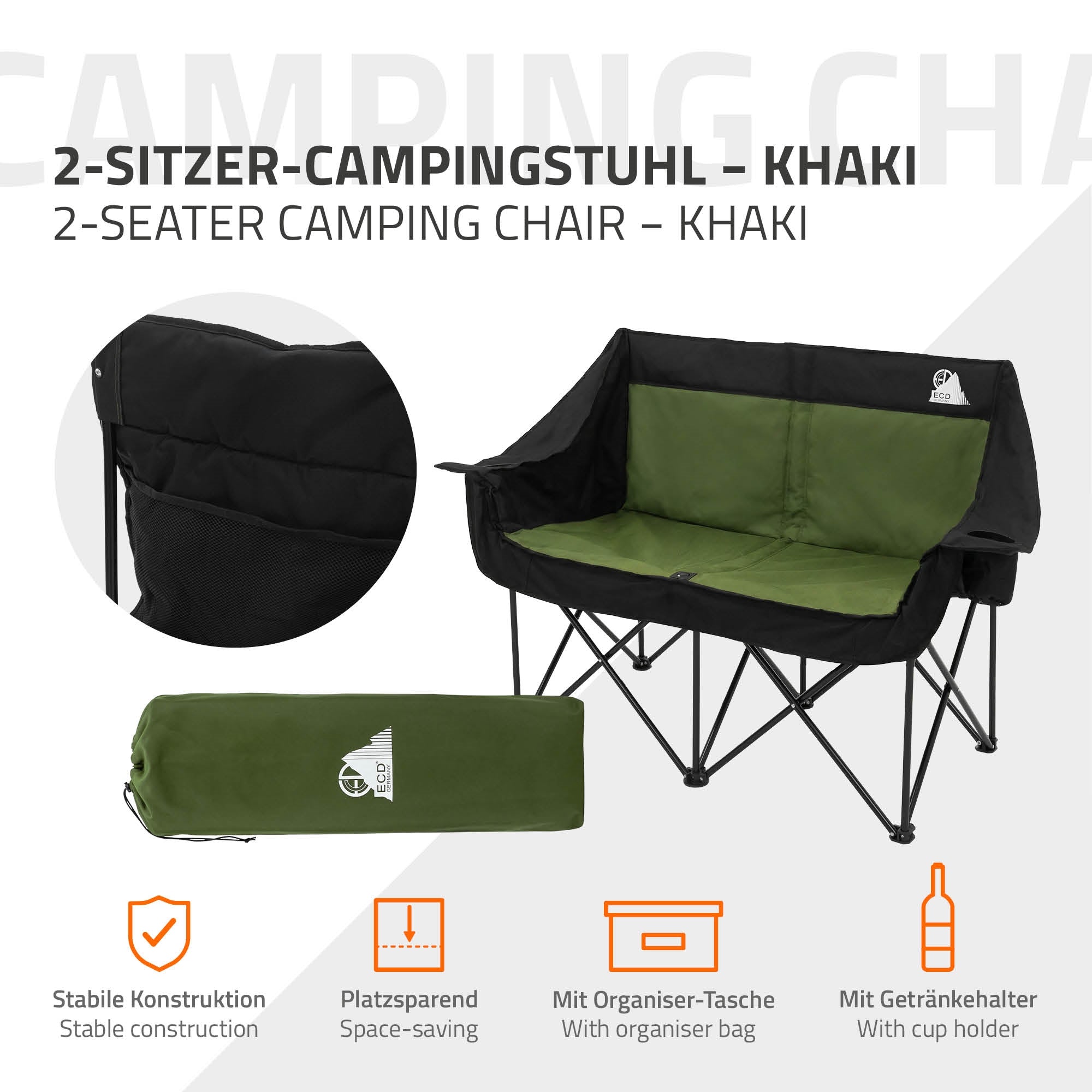 ECD Germany chaise camping double pliante kaki 2 places 200 kg